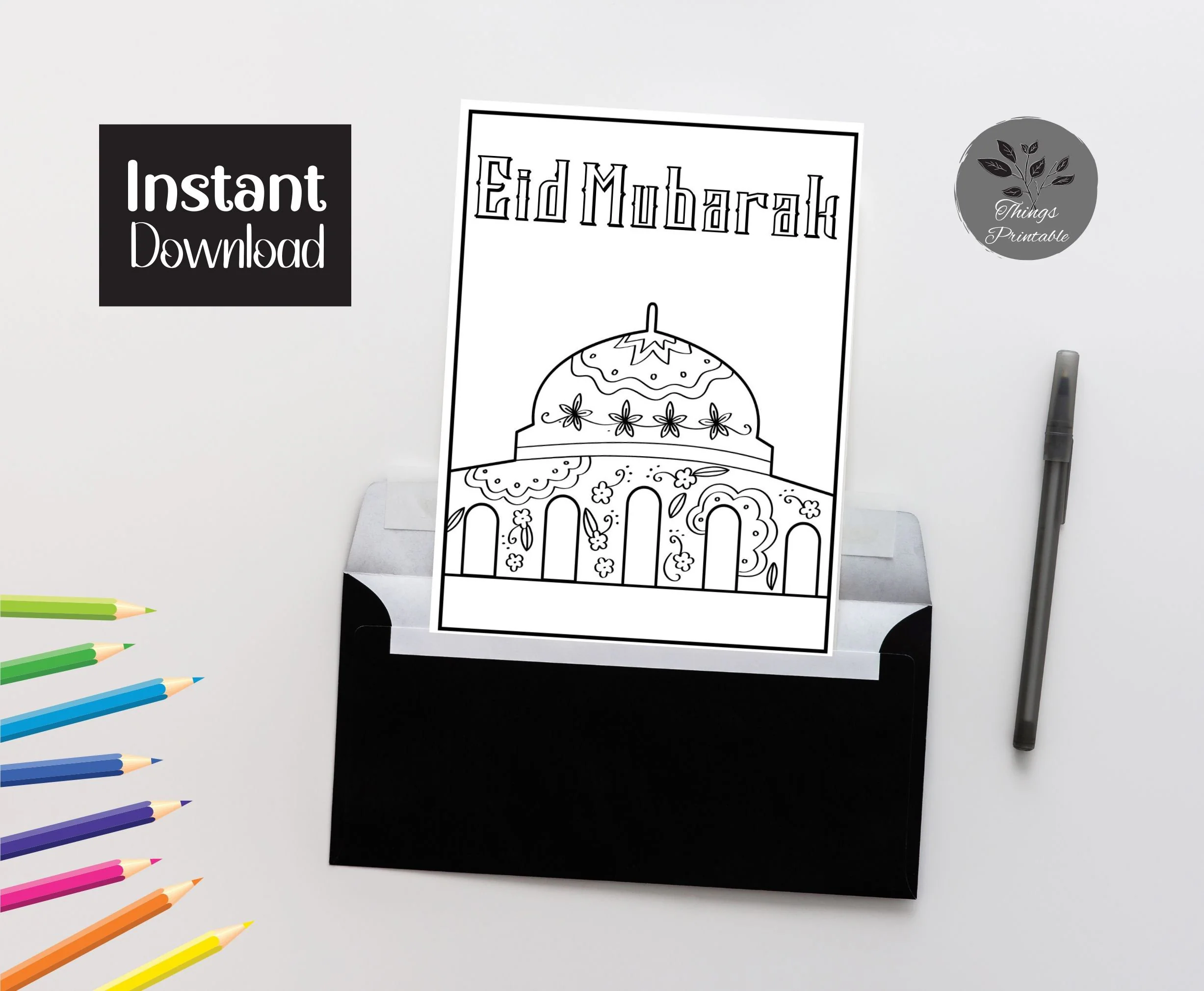 PRINTABLE Eid Mubarak Coloring Card, Mosque Eid Card, Eid Card for Kids, Eid Color Your Own Card, DIY Print & Color