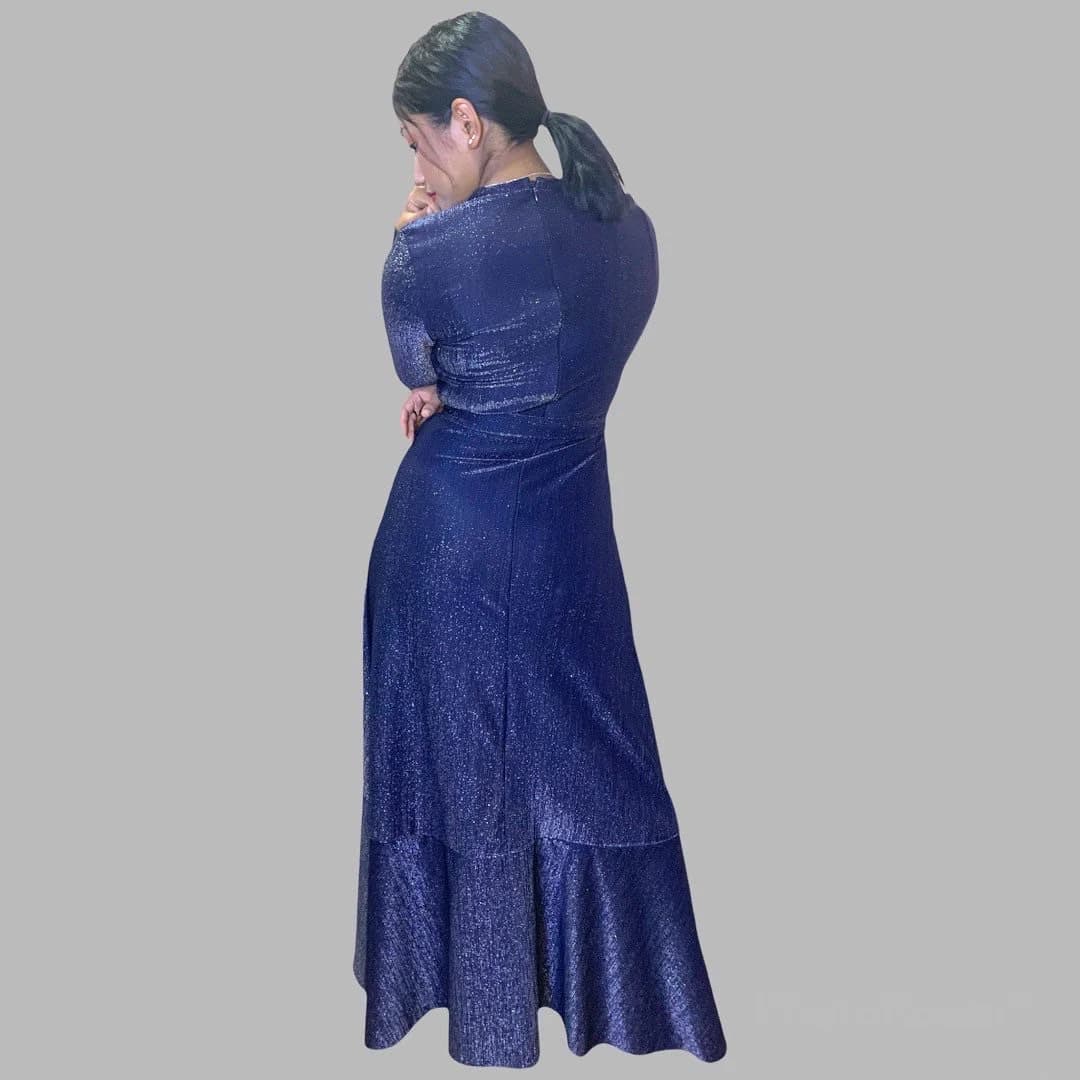 Navy Blue Shimmer Maxi Dress: Asymmetrical Wrap-Tie Sequin Gown - image 3