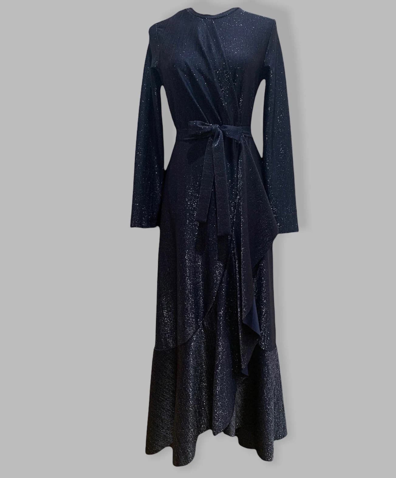 Navy Blue Shimmer Maxi Dress: Asymmetrical Wrap-Tie Sequin Gown - image 4