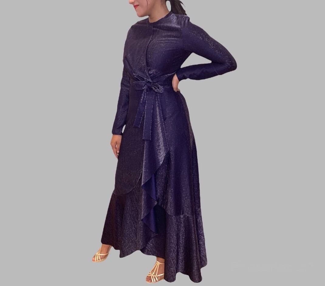 Navy Blue Shimmer Maxi Dress: Asymmetrical Wrap-Tie Sequin Gown