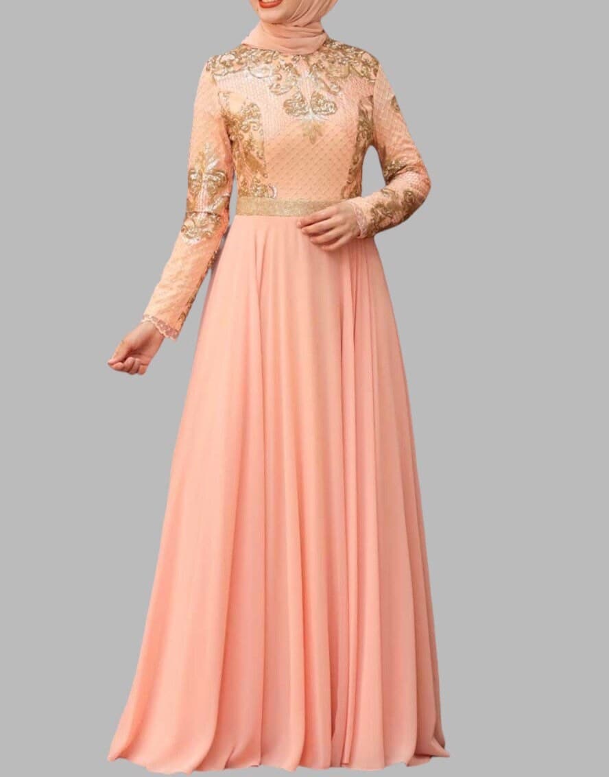 Metallic Gold Sequin Maxi Dress: Embroidered Long Sleeve Chiffon Gown - image 3