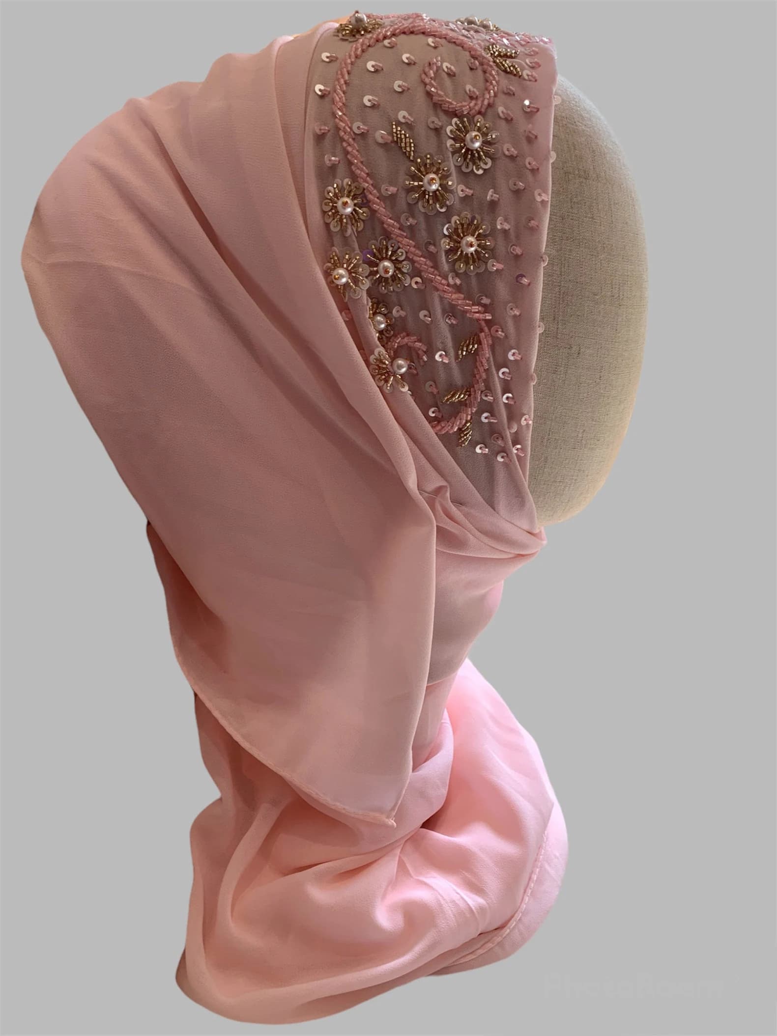 Luxury Baby Pink Hijab: Sequin & Pearl Embellished Bridal Couture - image 5