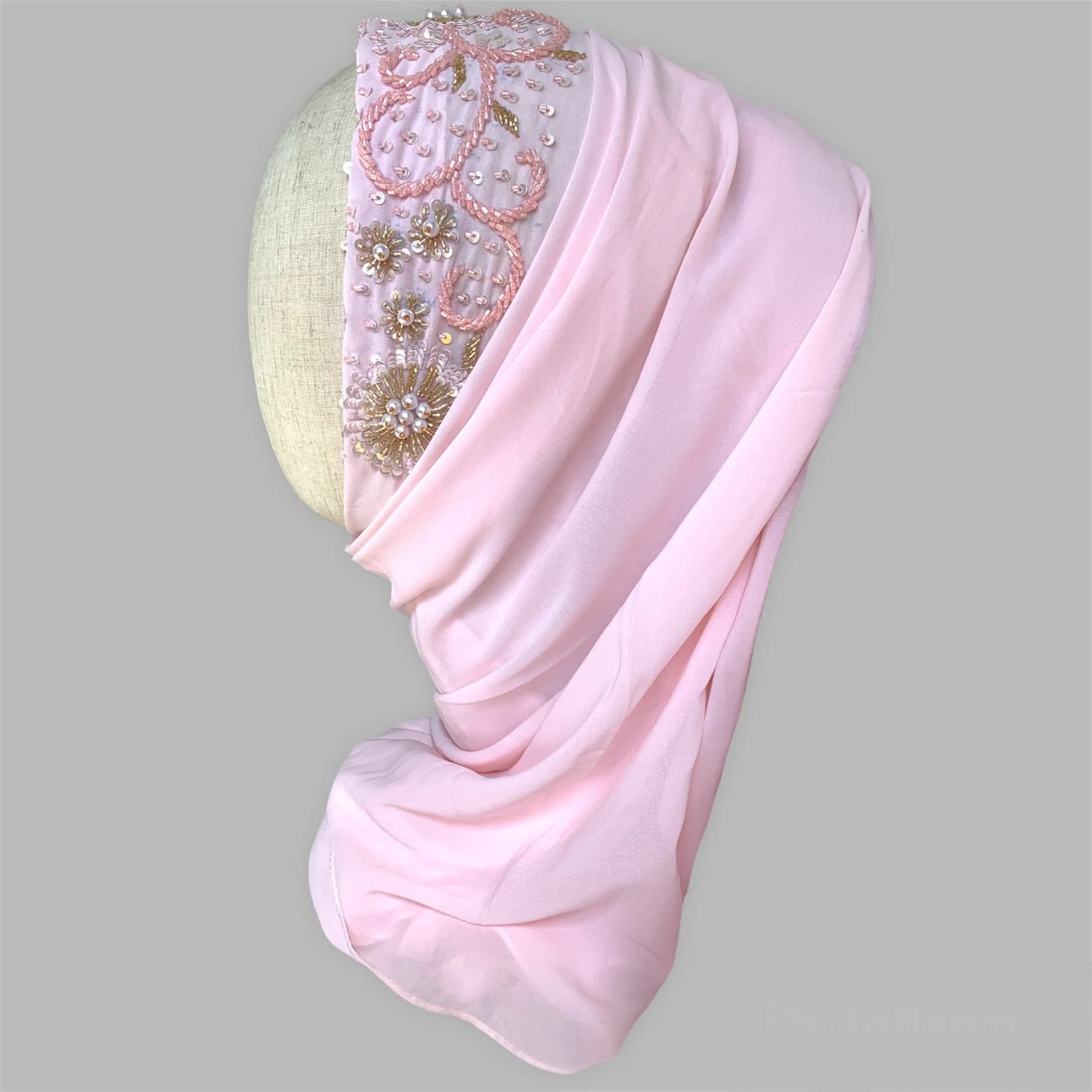 Luxury Baby Pink Hijab: Sequin & Pearl Embellished Bridal Couture - image 4