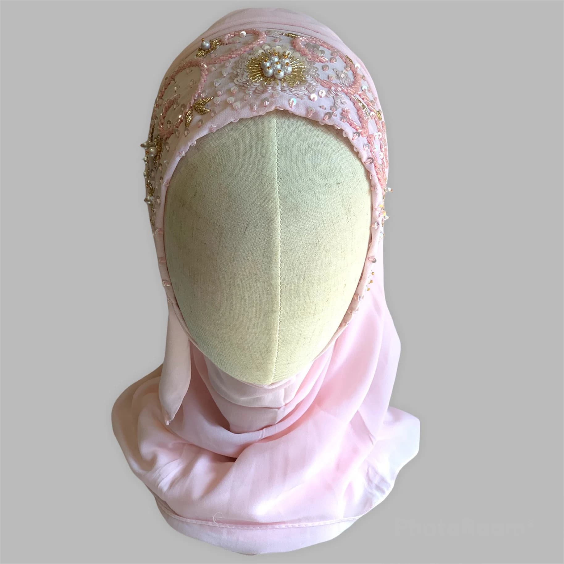 Luxury Baby Pink Hijab: Sequin & Pearl Embellished Bridal Couture - image 3