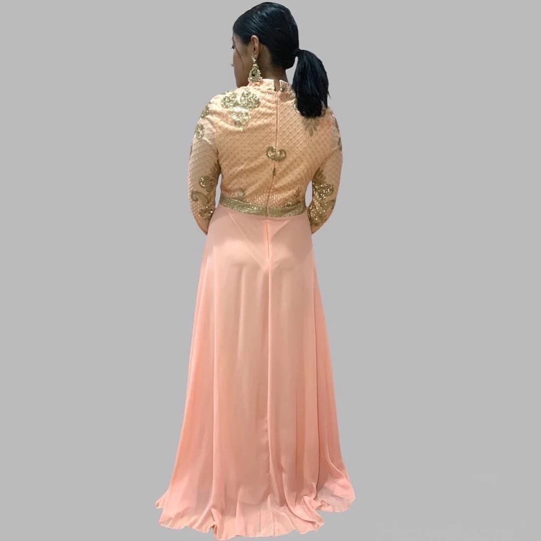 Metallic Gold Sequin Maxi Dress: Embroidered Long Sleeve Chiffon Gown - image 4