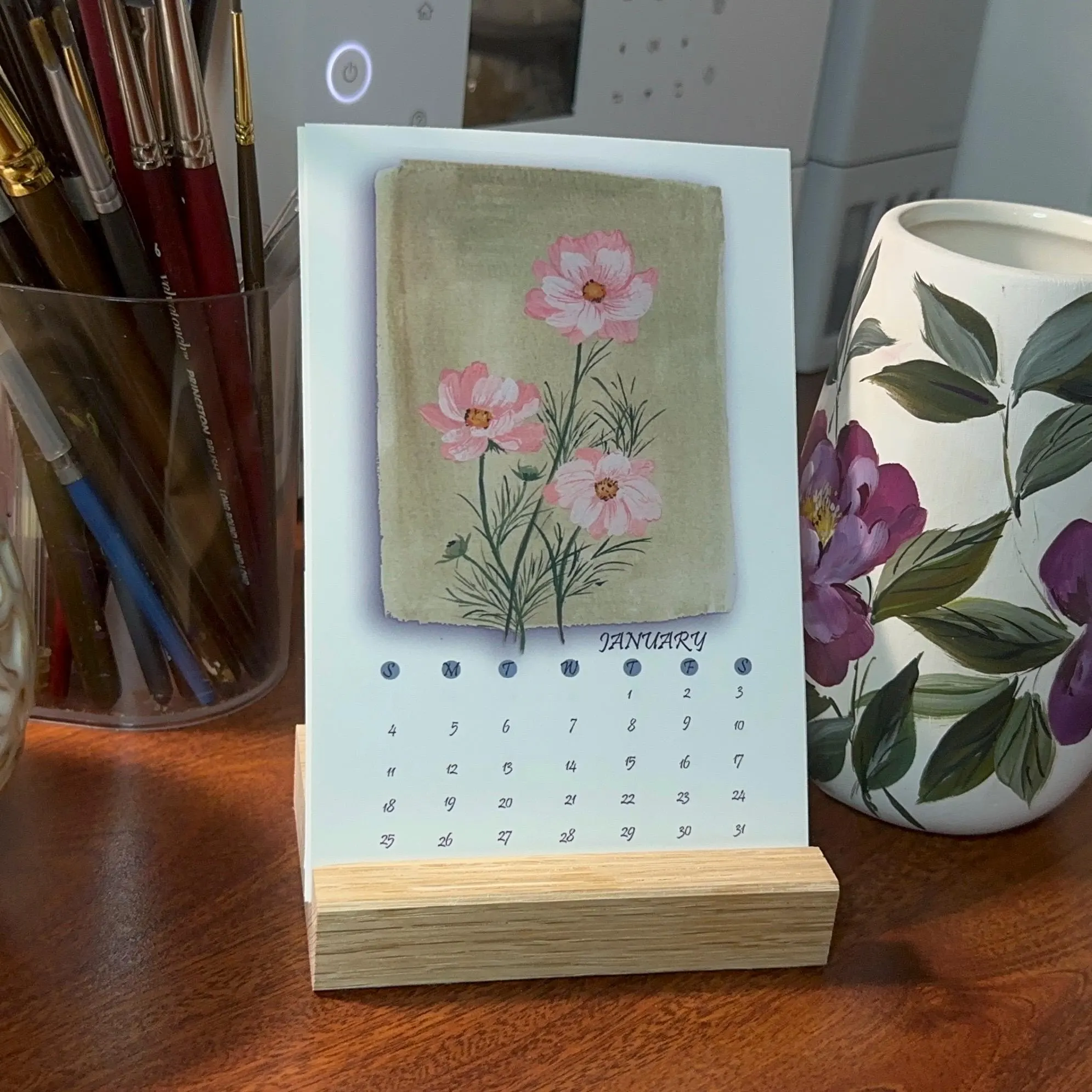 Mini academic Desk Calendar July 2026- June 2027 watercolor Hand Painted vintage style botanical art