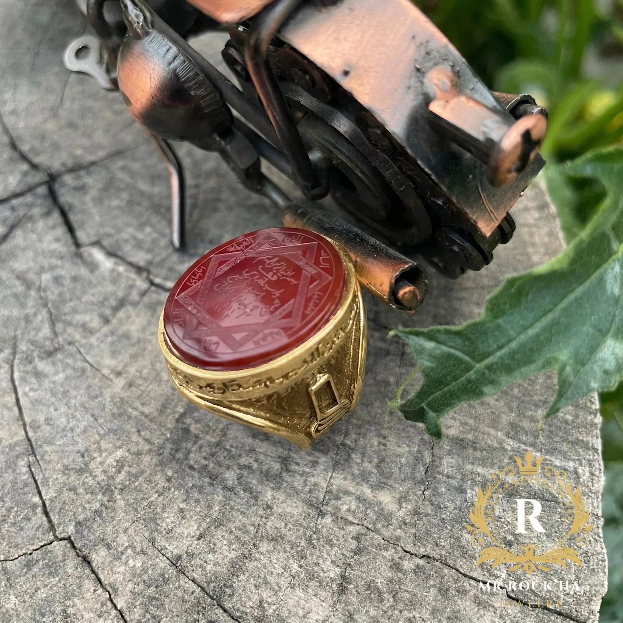 Eight-Pointed Seal of Solomon 925 Sterling Silver Mens Ring: Islamic, Natural Red Agate, Gold Plated - image 5