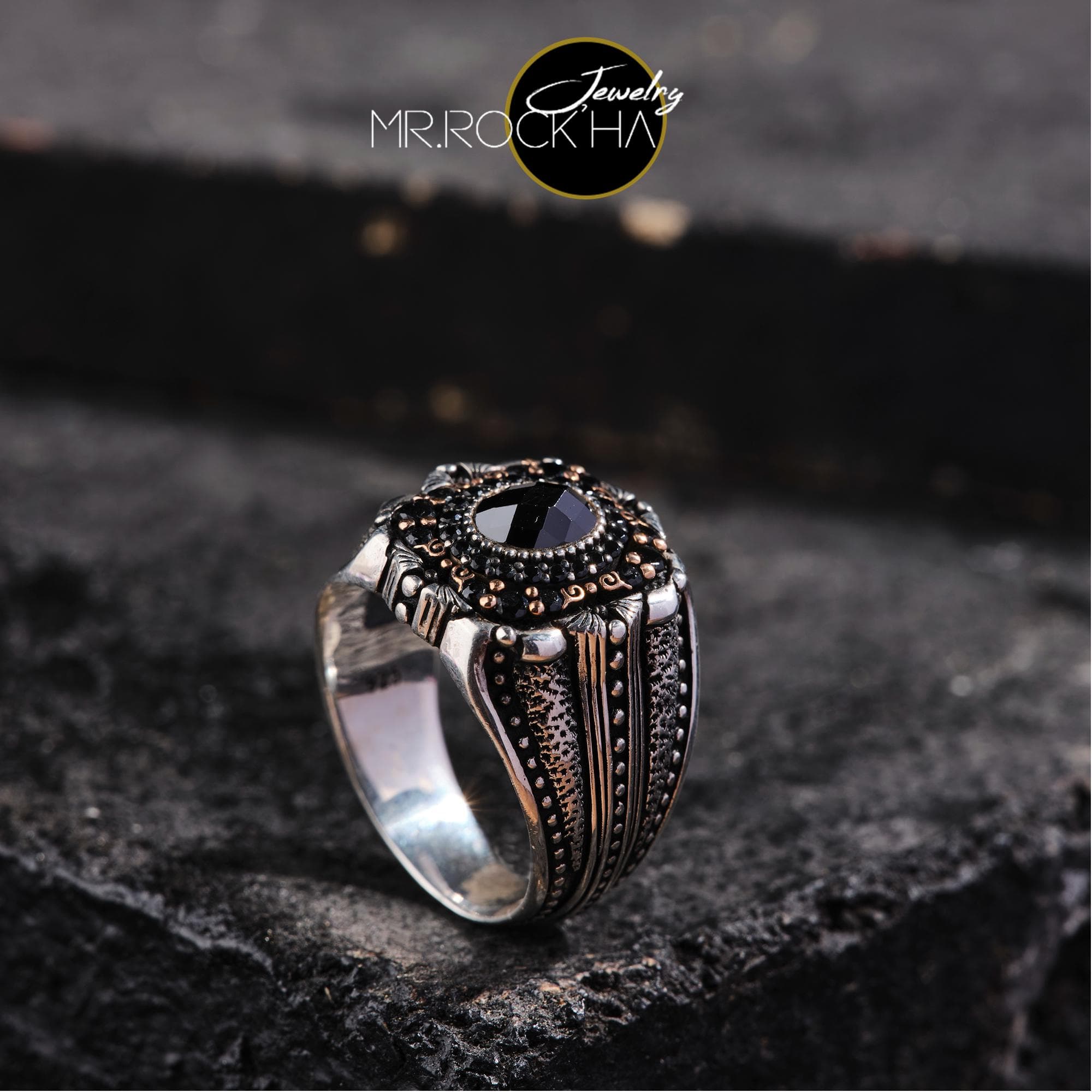 Black Zircon, Handmade 925 Sterling Silver Mens Ring: Silver Beaded, Pen Engraving - image 5