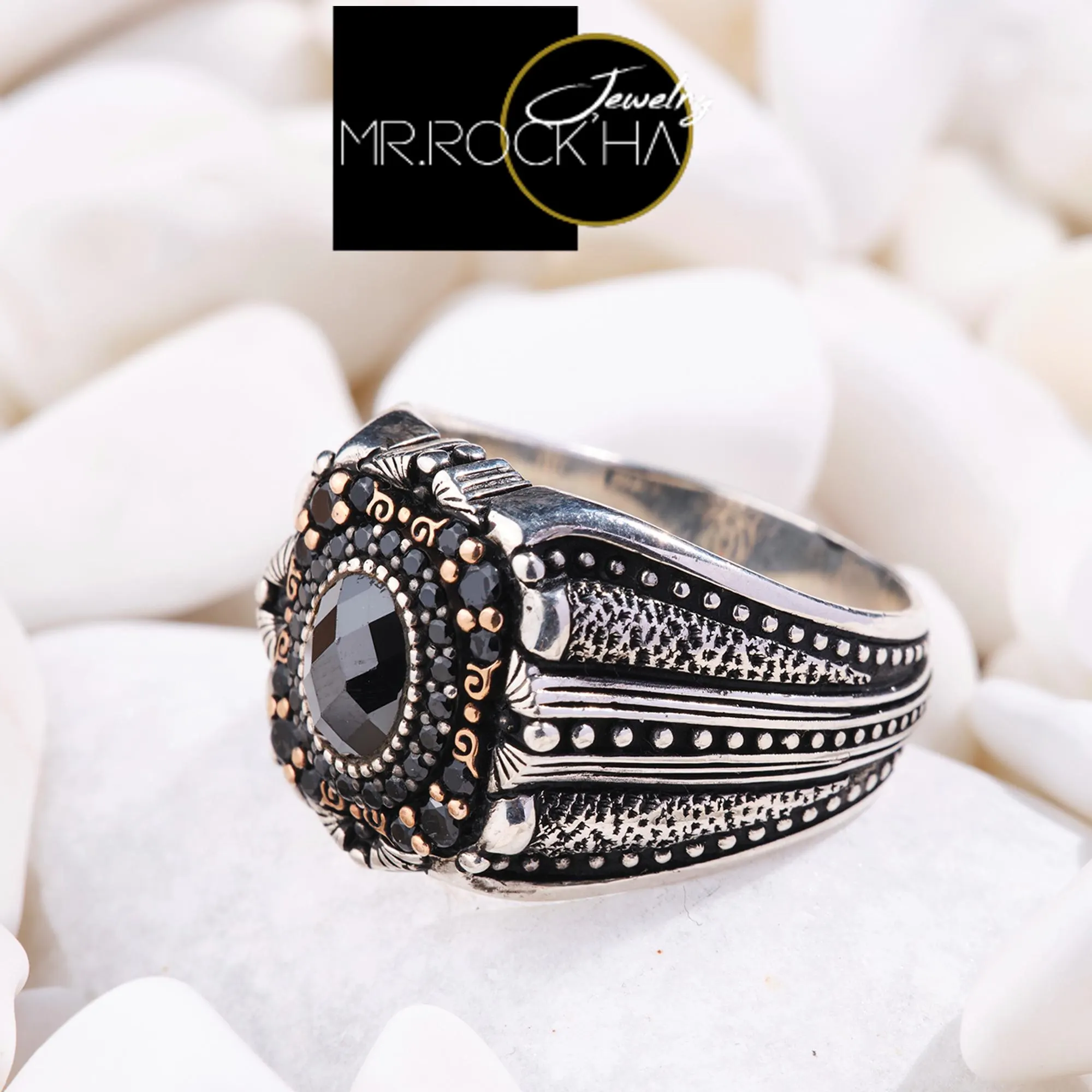 Black Zircon, Handmade 925 Sterling Silver Mens Ring: Silver Beaded, Pen Engraving - image 4