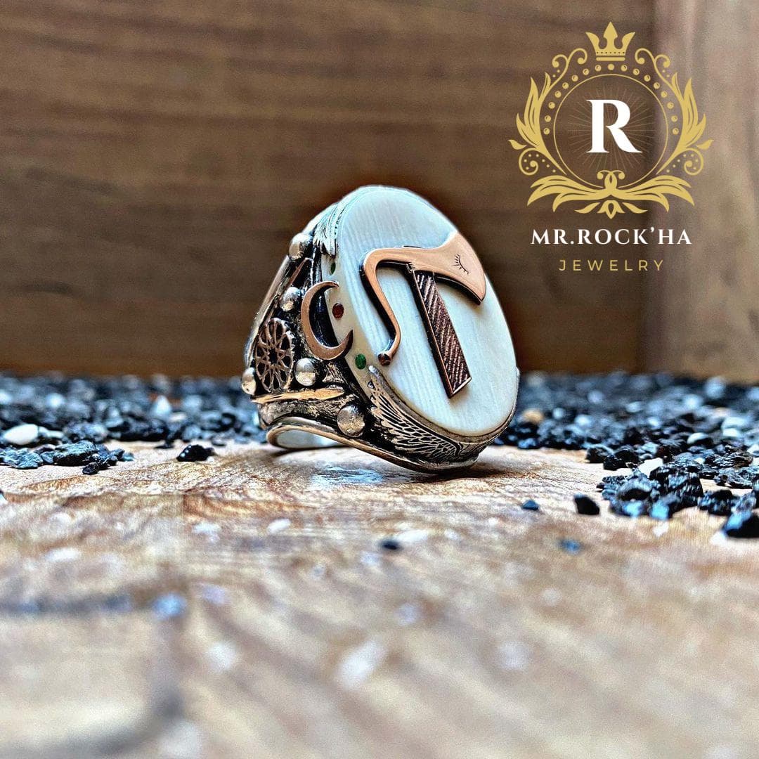 Handcrafted 925 Sterling Silver Mens Ring: Axe Viking Design, White Gemstone