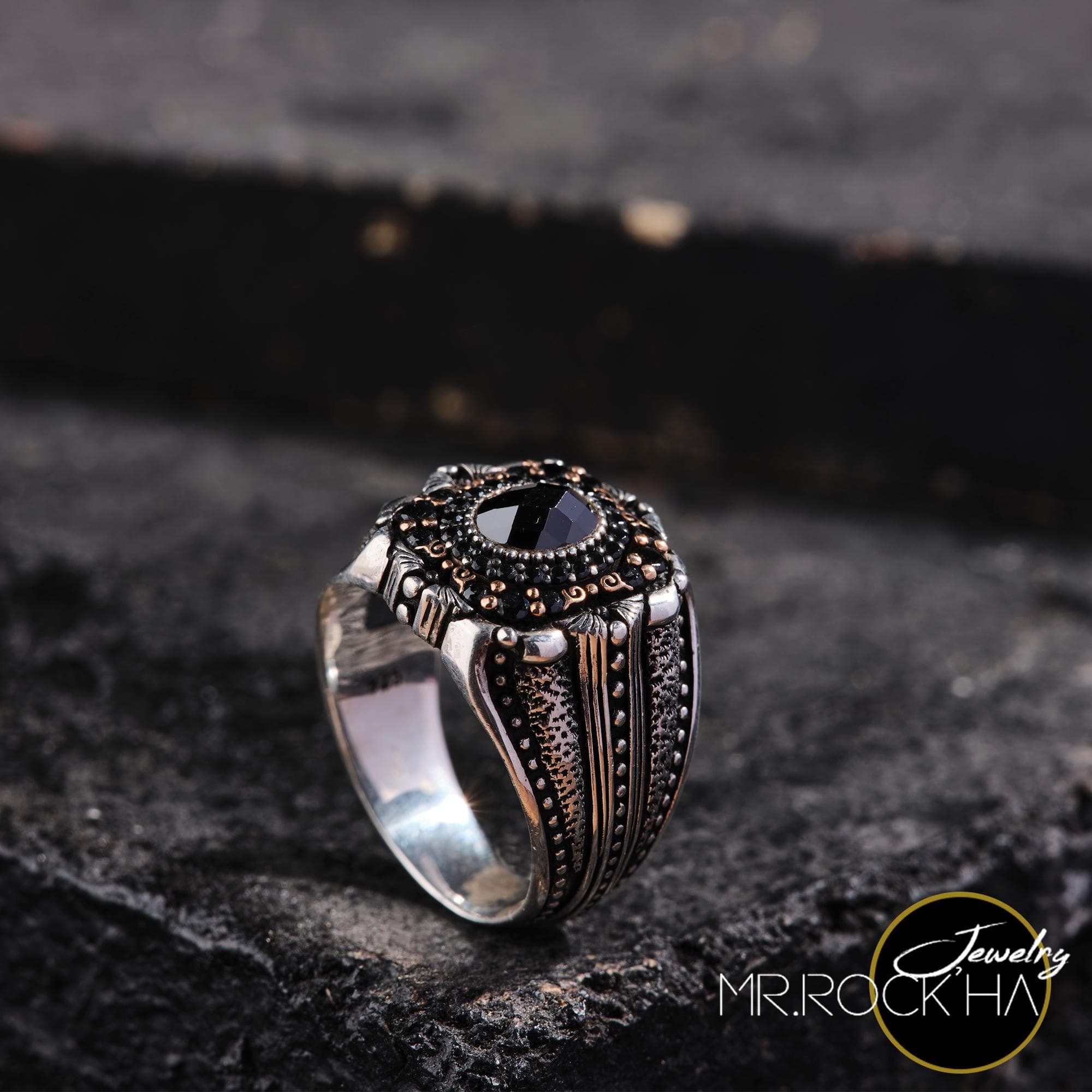 Black Zircon, Handmade 925 Sterling Silver Mens Ring: Silver Beaded, Pen Engraving - image 3