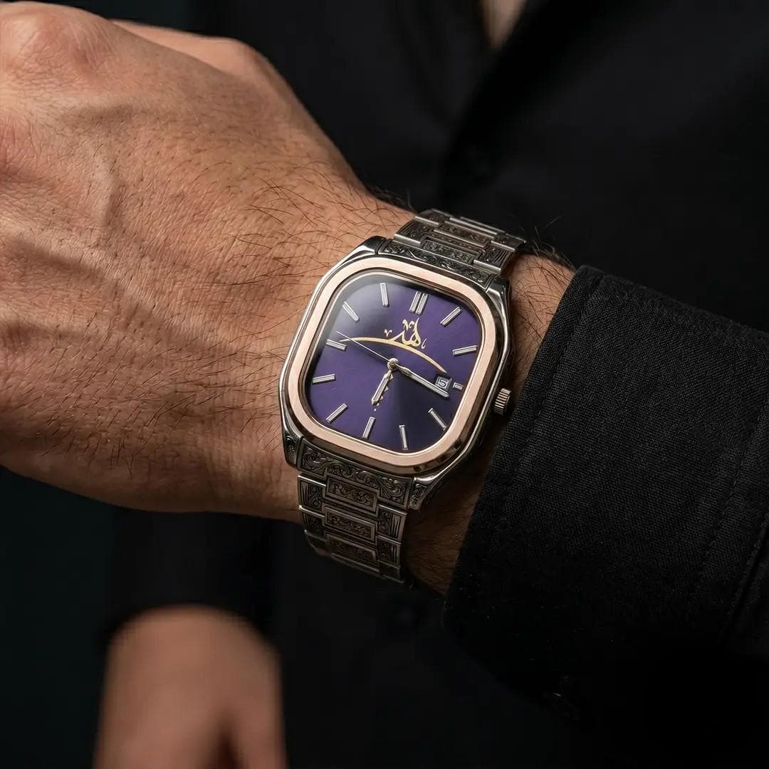 Two-Tone Islamic Calligraphy Watch, Engraved Stainless Steel,Japanese Movement,Navy Blue Dial,Waterproof Spiritual Gift for Him, Sufi Design - image 3