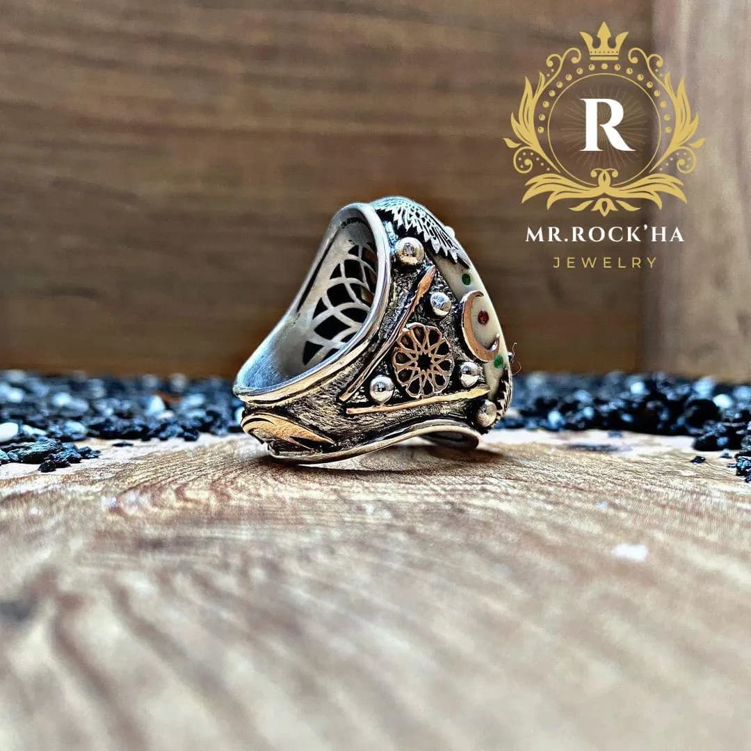 Handcrafted 925 Sterling Silver Mens Ring: Axe Viking Design, White Gemstone - image 4
