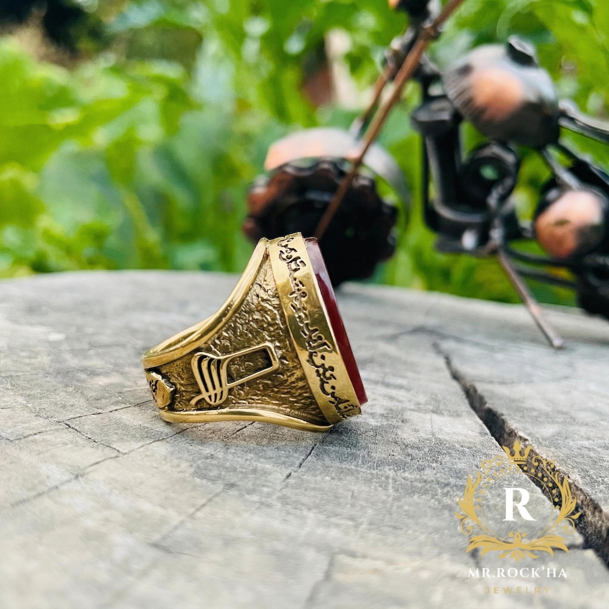 Eight-Pointed Seal of Solomon 925 Sterling Silver Mens Ring: Islamic, Natural Red Agate, Gold Plated - image 4