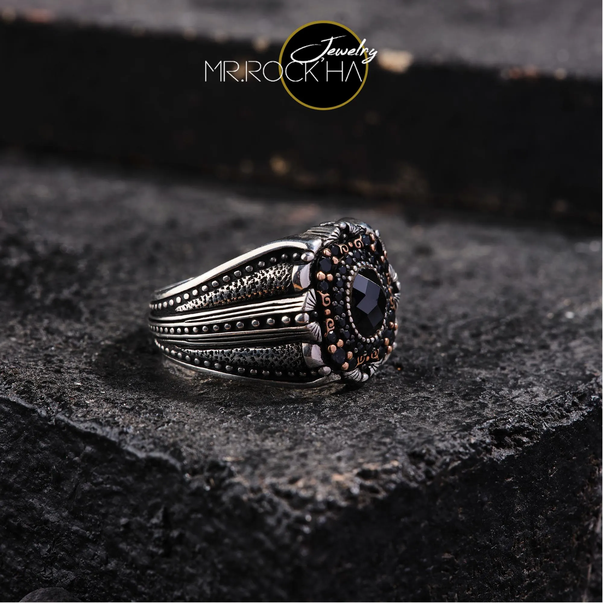 Black Zircon, Handmade 925 Sterling Silver Mens Ring: Silver Beaded, Pen Engraving