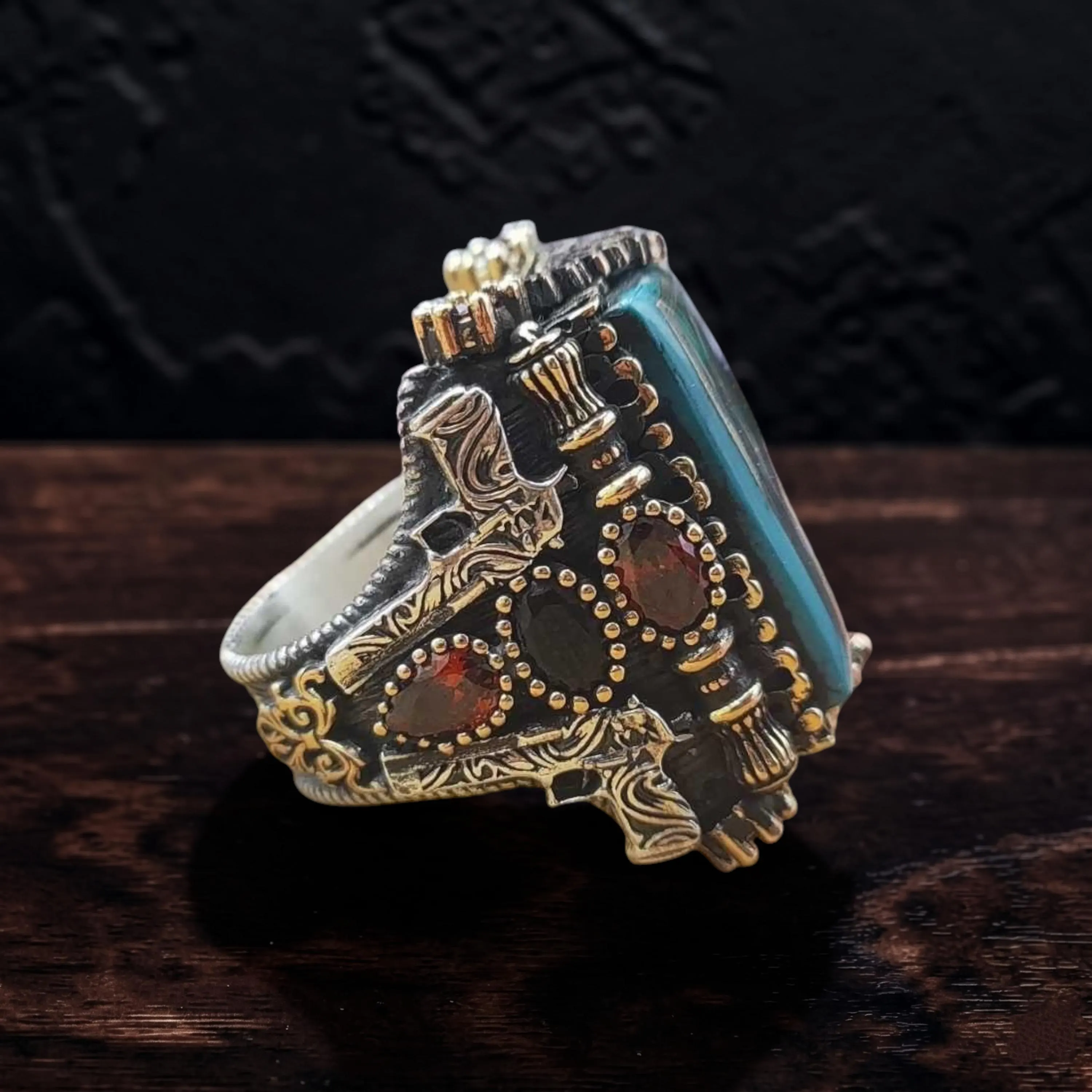 Handmade Silver Mens Ring 4 Surah,Turquoise Enamel Islamic Statement Ring,Heavy 925 Silver Talisman Ring for Men,Muslim Jewelry Gift for Him - image 4