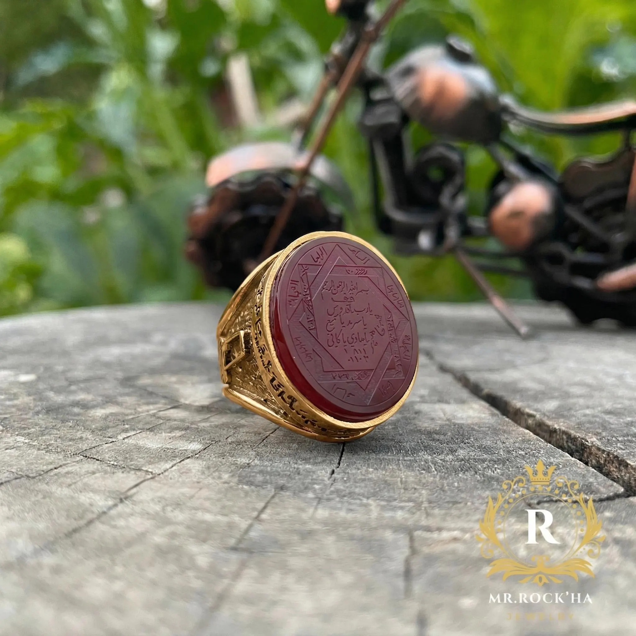 Eight-Pointed Seal of Solomon 925 Sterling Silver Mens Ring: Islamic, Natural Red Agate, Gold Plated