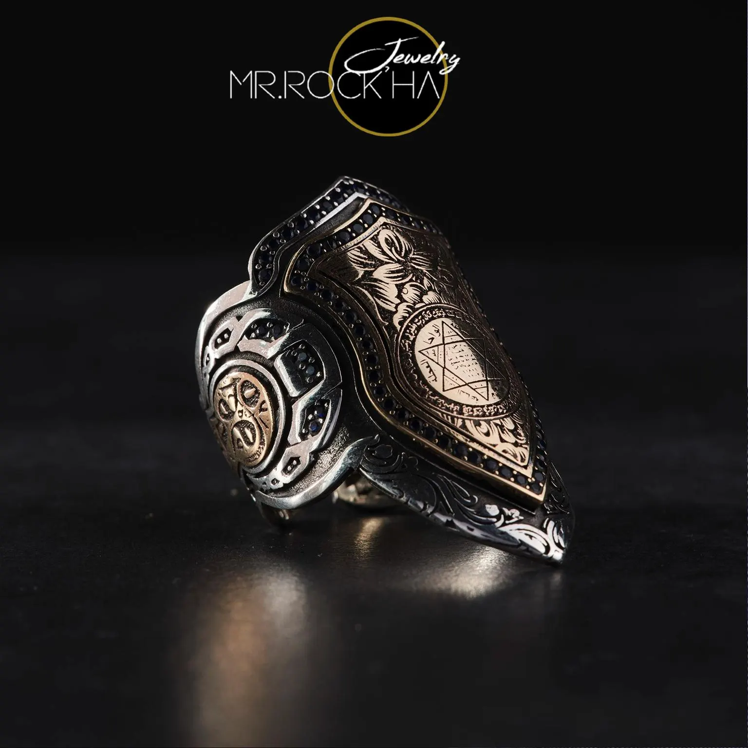 925 Sterling Silver Archer Thumb Mens Ring: Solomon Seal Star of David