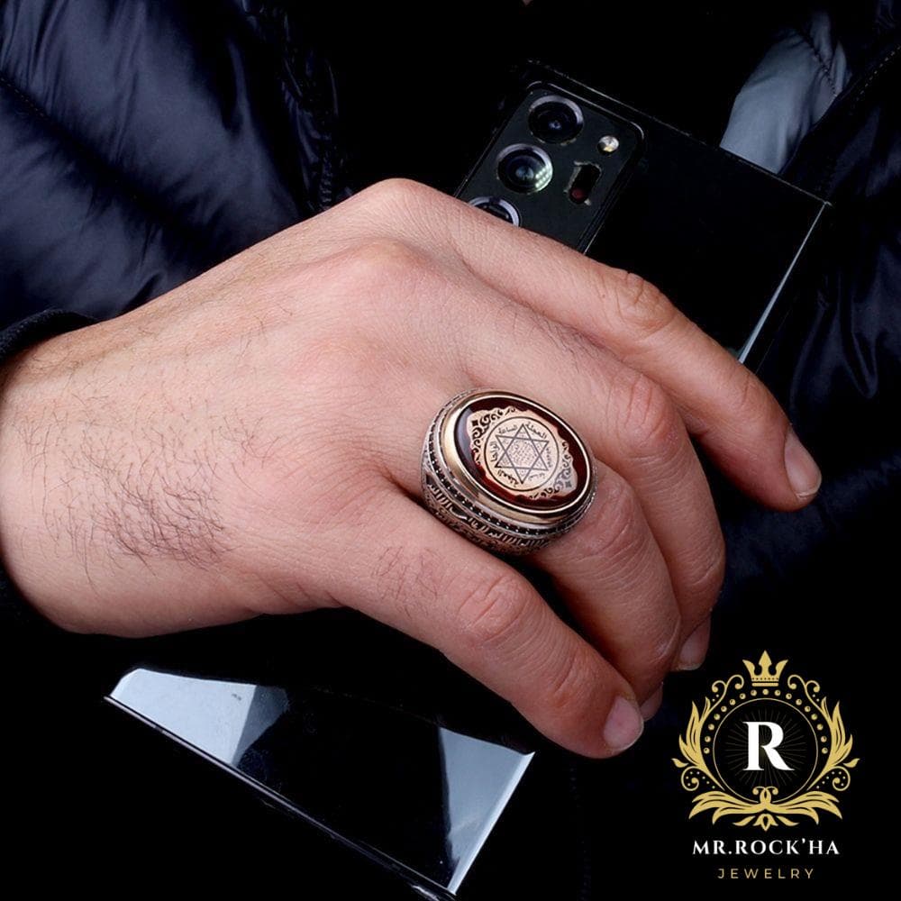 Seal of Solomon Red Amber Mens Ring: Turkish 925 Sterling Silver, Arabic Prayers - image 4
