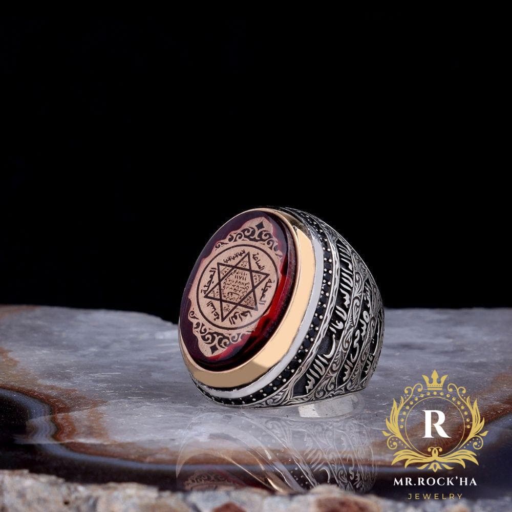 Seal of Solomon Red Amber Mens Ring: Turkish 925 Sterling Silver, Arabic Prayers