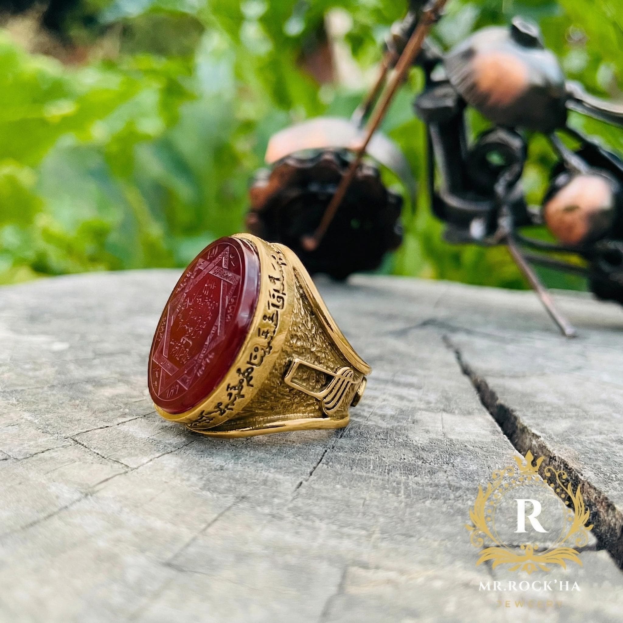 Eight-Pointed Seal of Solomon 925 Sterling Silver Mens Ring: Islamic, Natural Red Agate, Gold Plated - image 3