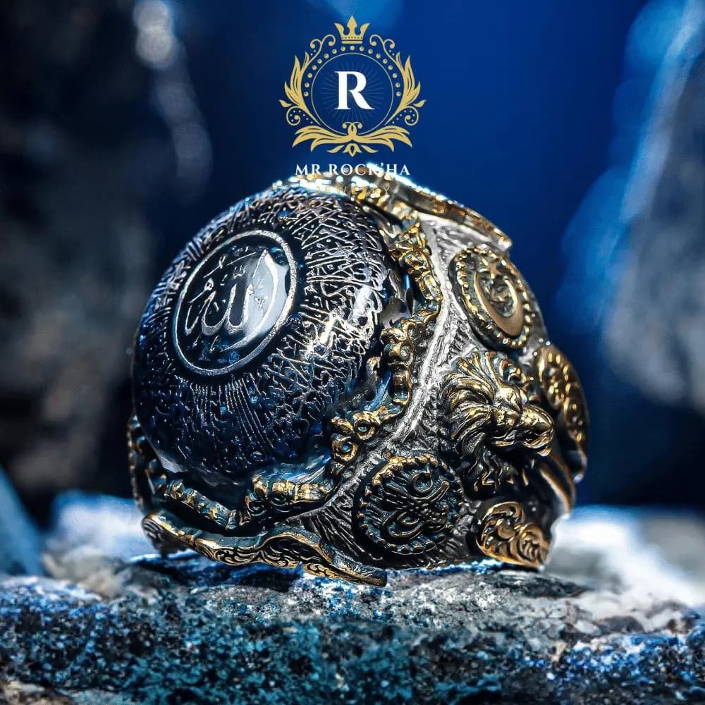 Ayat al-Kursi Engraved Blue Amber, 925 Sterling Silver Islamic Mens Ring, Handcrafted Calligraphy Lion,Ottoman Tughra, Spiritual Muslim Gift