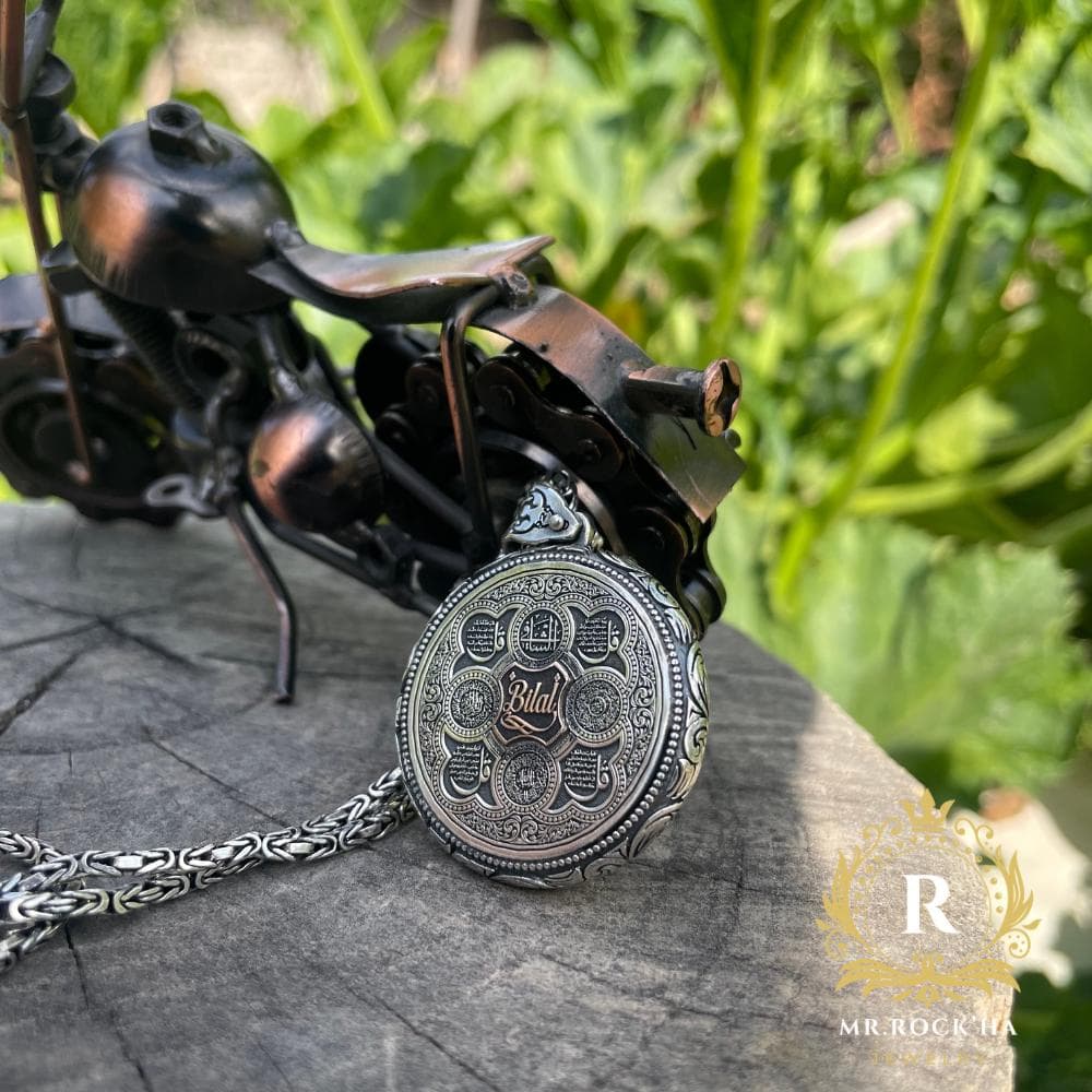 925 Sterling Silver Quran Verse Mens Necklace Pendant Medallion: Evil Eye Surahs, Byzantine Chain - image 3