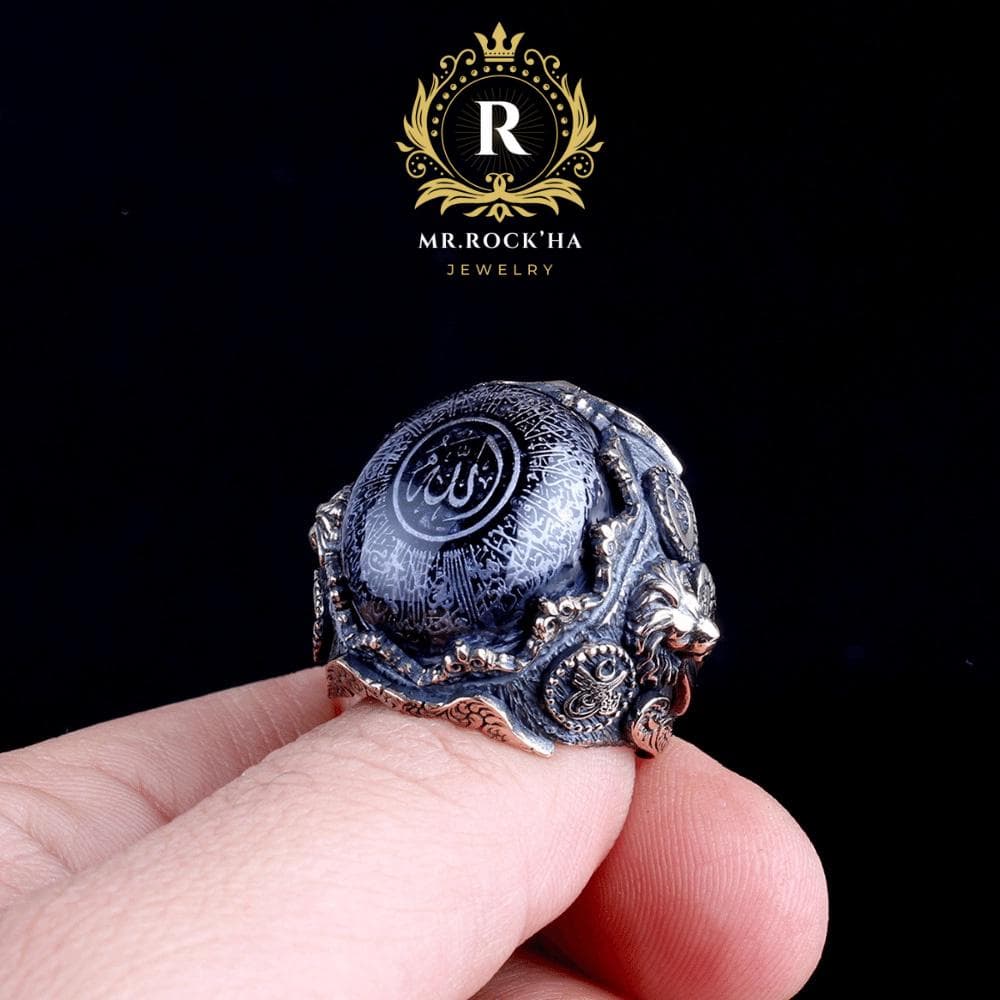Ayat al-Kursi Engraved Blue Amber, 925 Sterling Silver Islamic Mens Ring, Handcrafted Calligraphy Lion,Ottoman Tughra, Spiritual Muslim Gift - image 4