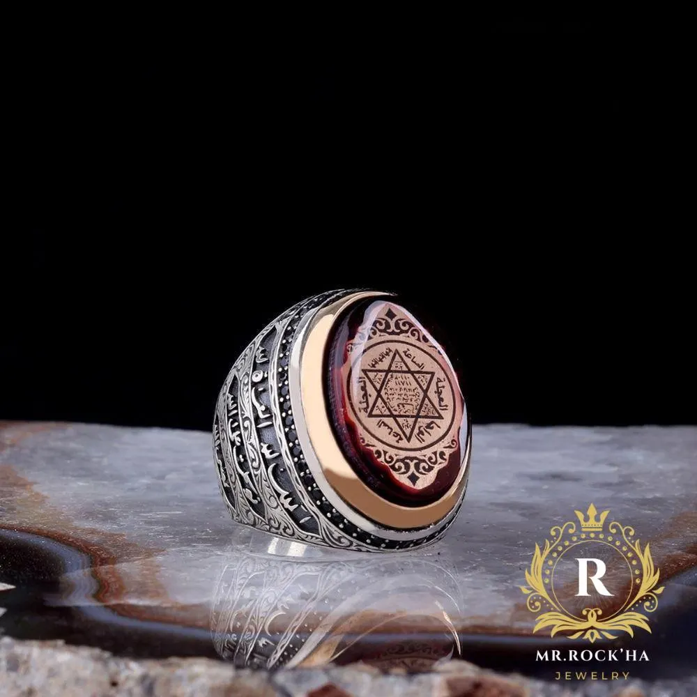 Seal of Solomon Red Amber Mens Ring: Turkish 925 Sterling Silver, Arabic Prayers - image 3