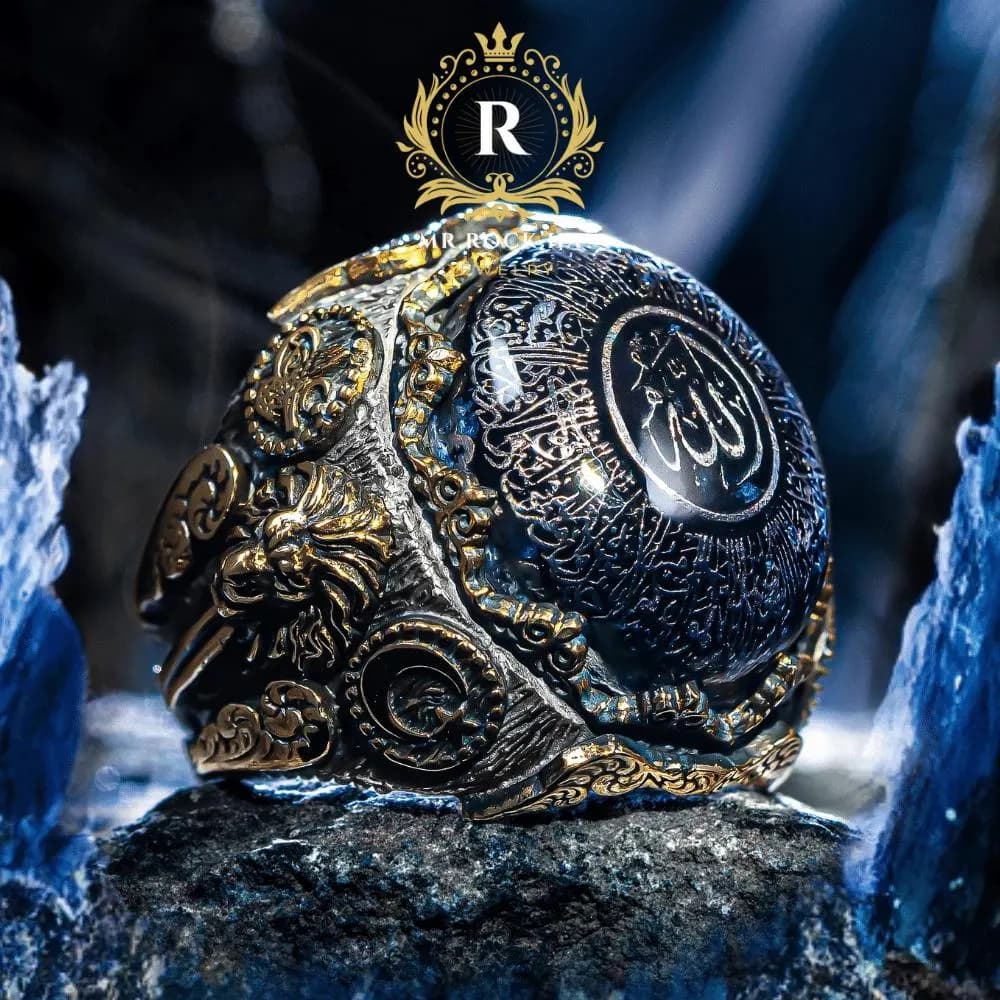Ayat al-Kursi Engraved Blue Amber, 925 Sterling Silver Islamic Mens Ring, Handcrafted Calligraphy Lion,Ottoman Tughra, Spiritual Muslim Gift - image 3