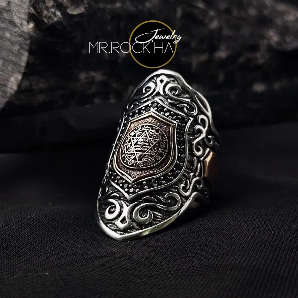 925 Sterling Silver Seal of Solomon Mens Ring, Black Zircon Archer Ring, Turkish Handmade Islamic Thumb Ring, Star of David Jewelry Gift - image 3