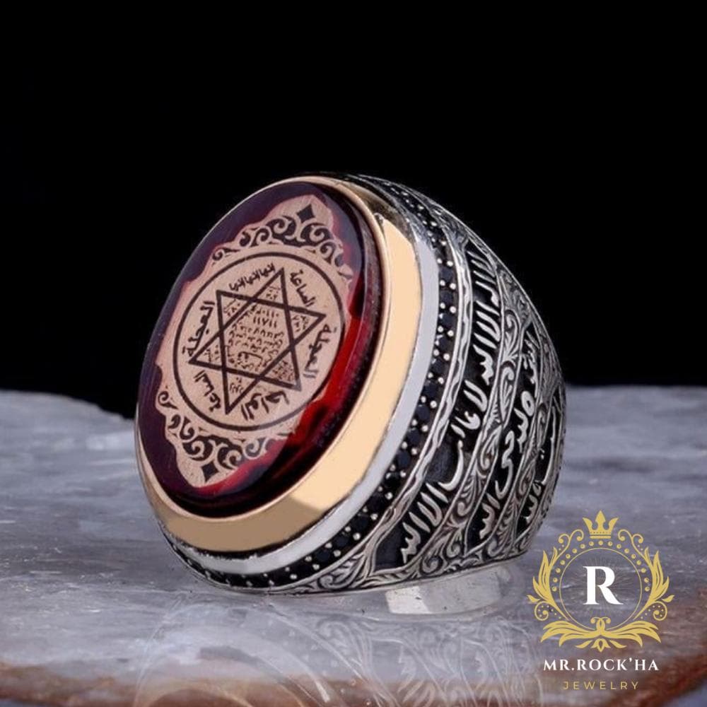 Seal of Solomon Red Amber Mens Ring: Turkish 925 Sterling Silver, Arabic Prayers - image 5