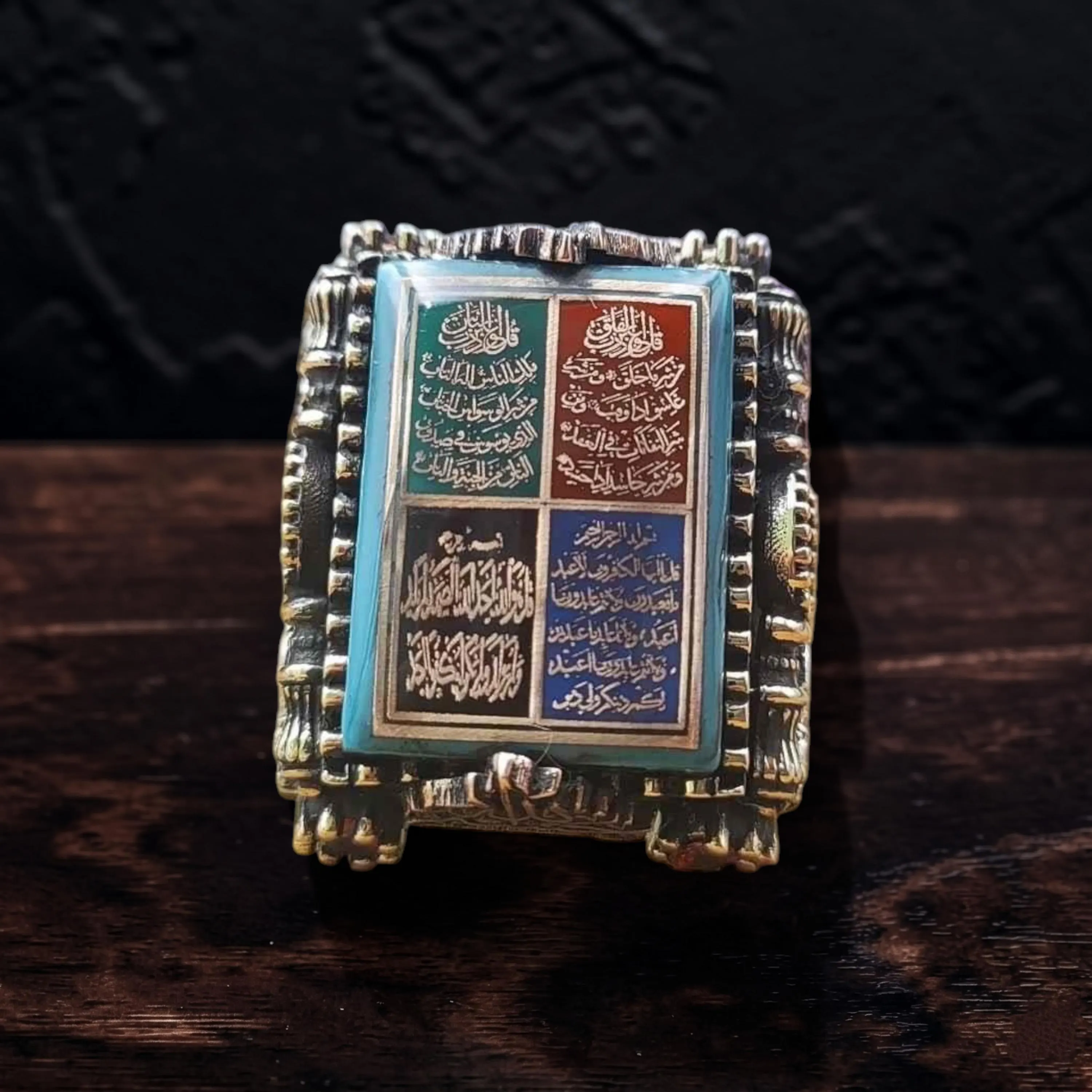 Handmade Silver Mens Ring 4 Surah,Turquoise Enamel Islamic Statement Ring,Heavy 925 Silver Talisman Ring for Men,Muslim Jewelry Gift for Him - image 3