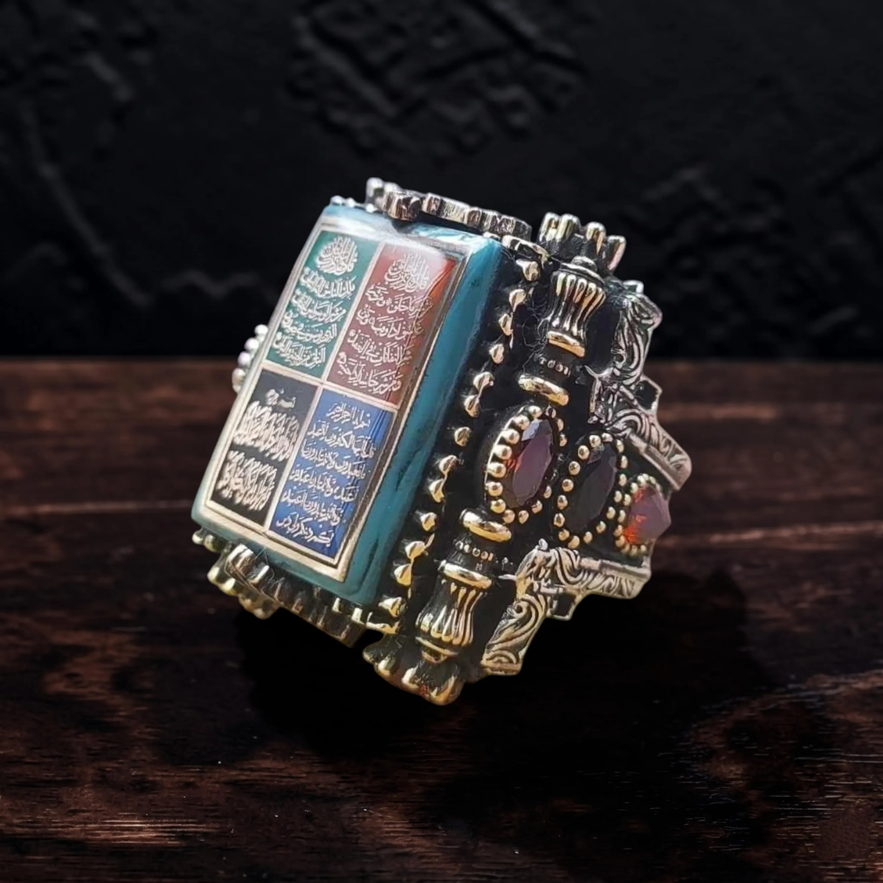 Handmade Silver Mens Ring 4 Surah,Turquoise Enamel Islamic Statement Ring,Heavy 925 Silver Talisman Ring for Men,Muslim Jewelry Gift for Him