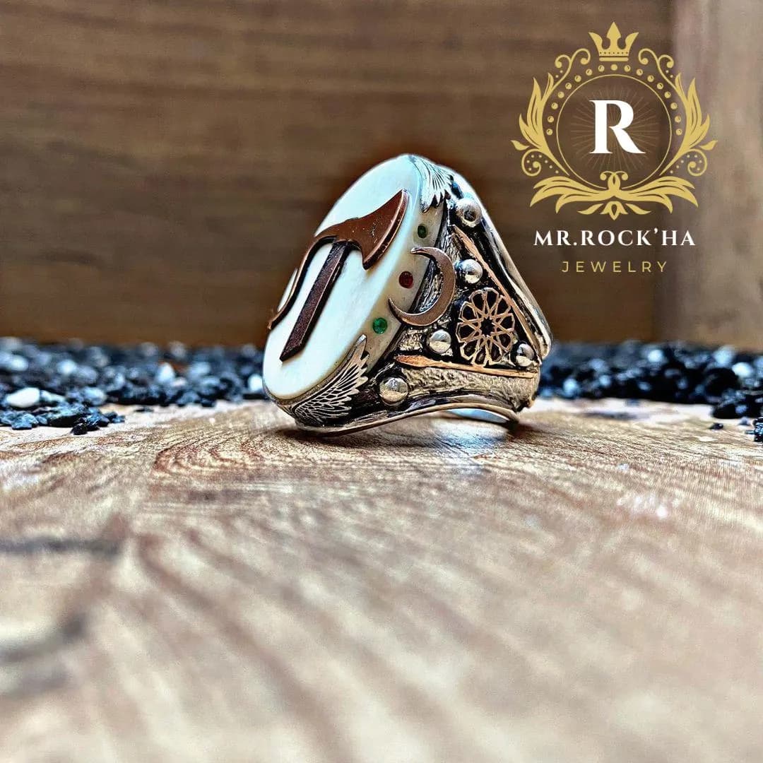 Handcrafted 925 Sterling Silver Mens Ring: Axe Viking Design, White Gemstone - image 3