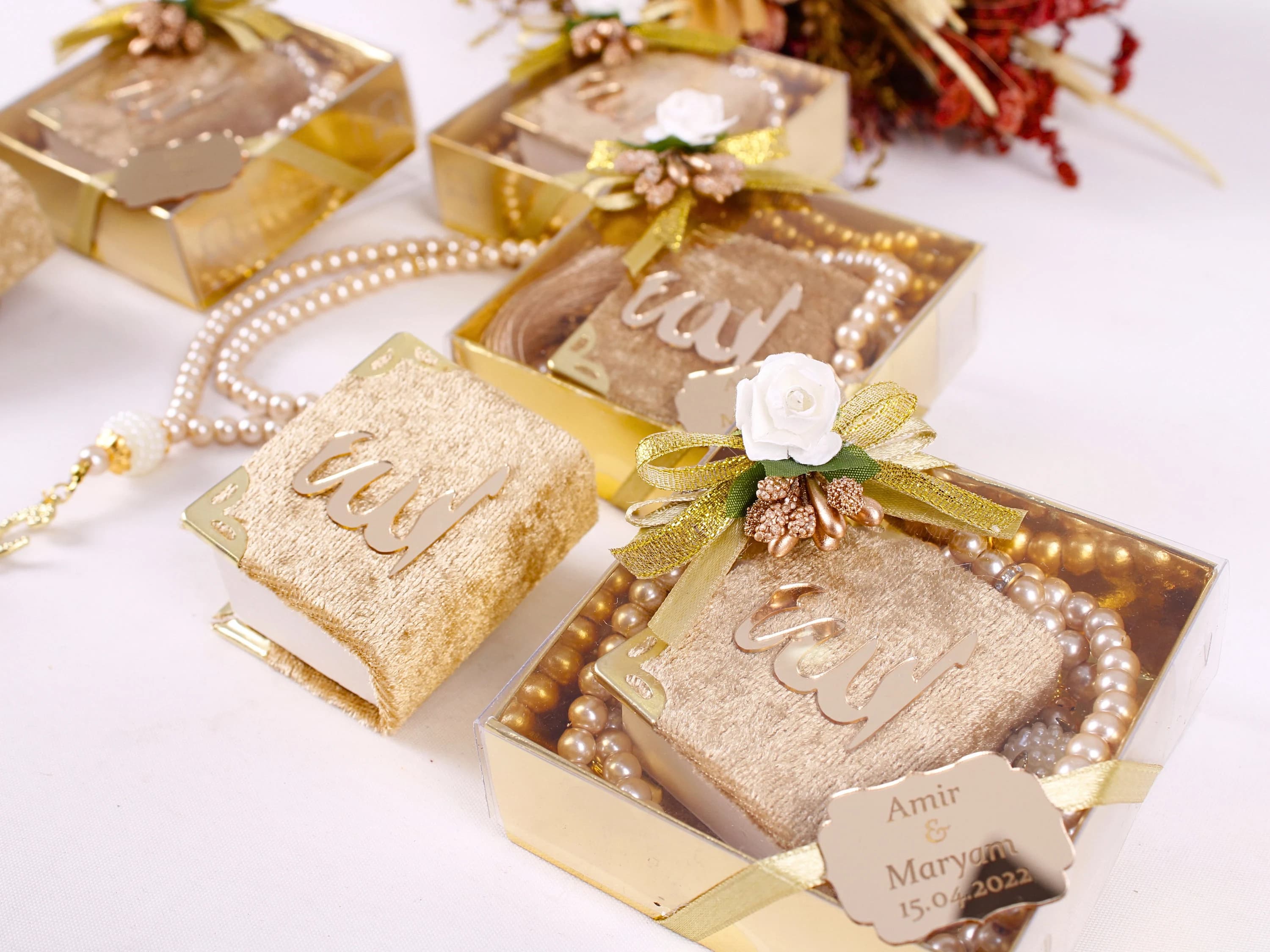 Personalized Velvet Mini Quran Pearl Tasbeeh Decorated Box Gift Set | Eid Favor | Wedding Favor | Baby Shower Favor | Muslim Party Favor - image 2