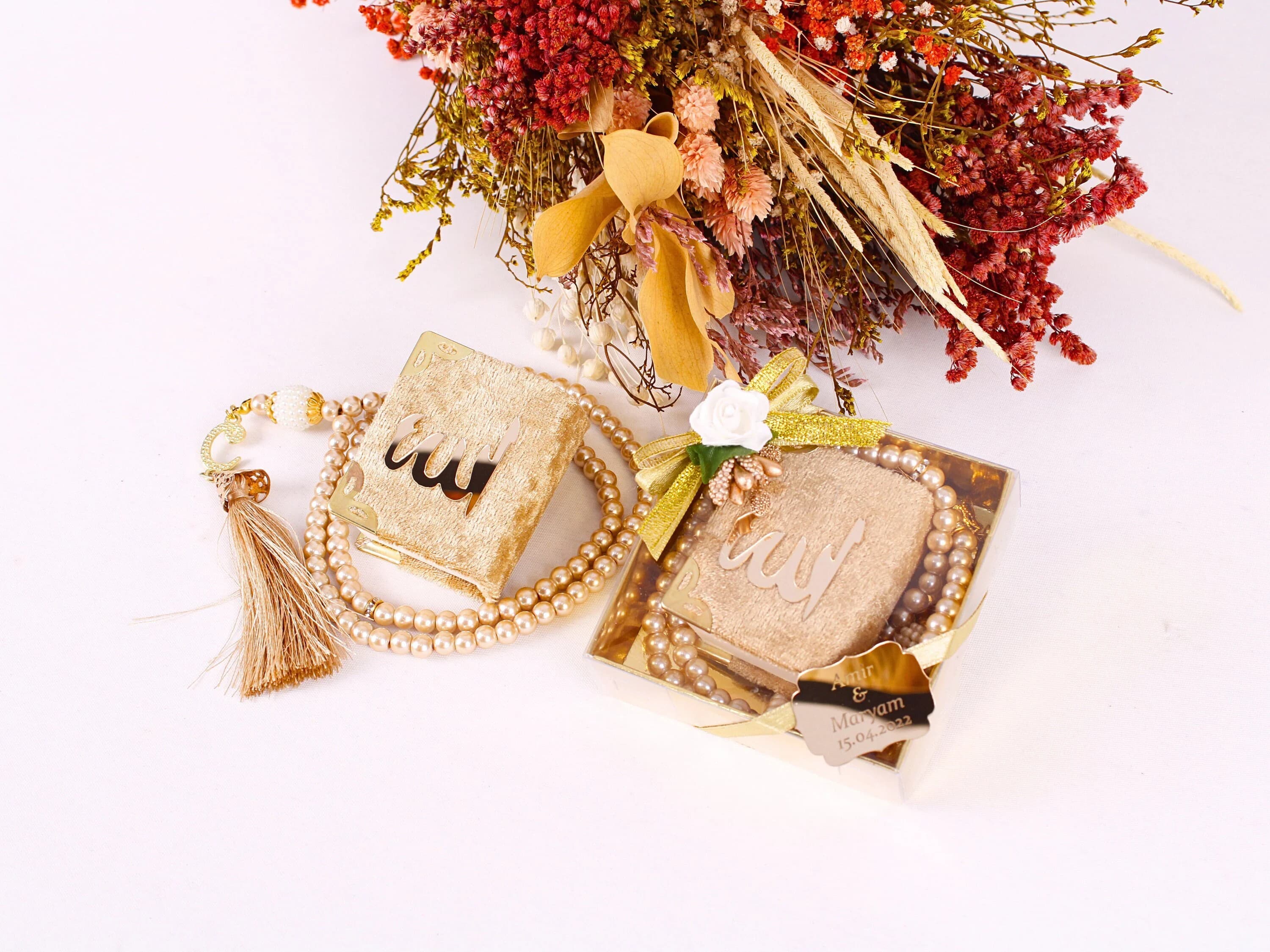 Personalized Velvet Mini Quran Pearl Tasbeeh Decorated Box Gift Set | Eid Favor | Wedding Favor | Baby Shower Favor | Muslim Party Favor