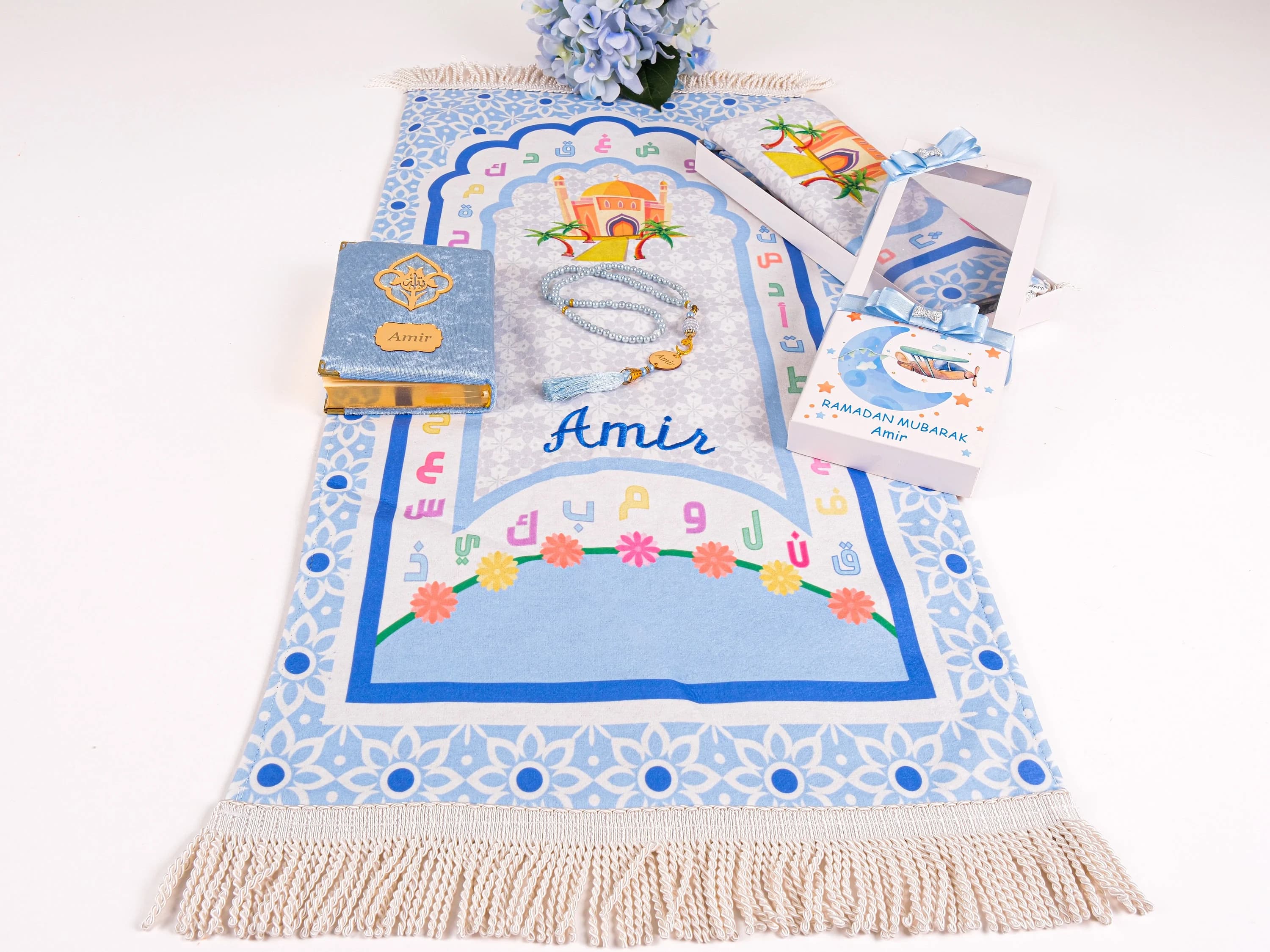 Personalized Kids Prayer Mat Quran Tasbih Gift Set for Boys | Salah Mat Janamaz Ramadan Eid Hajj Umrah Birthday Graduation Gifts for Kids