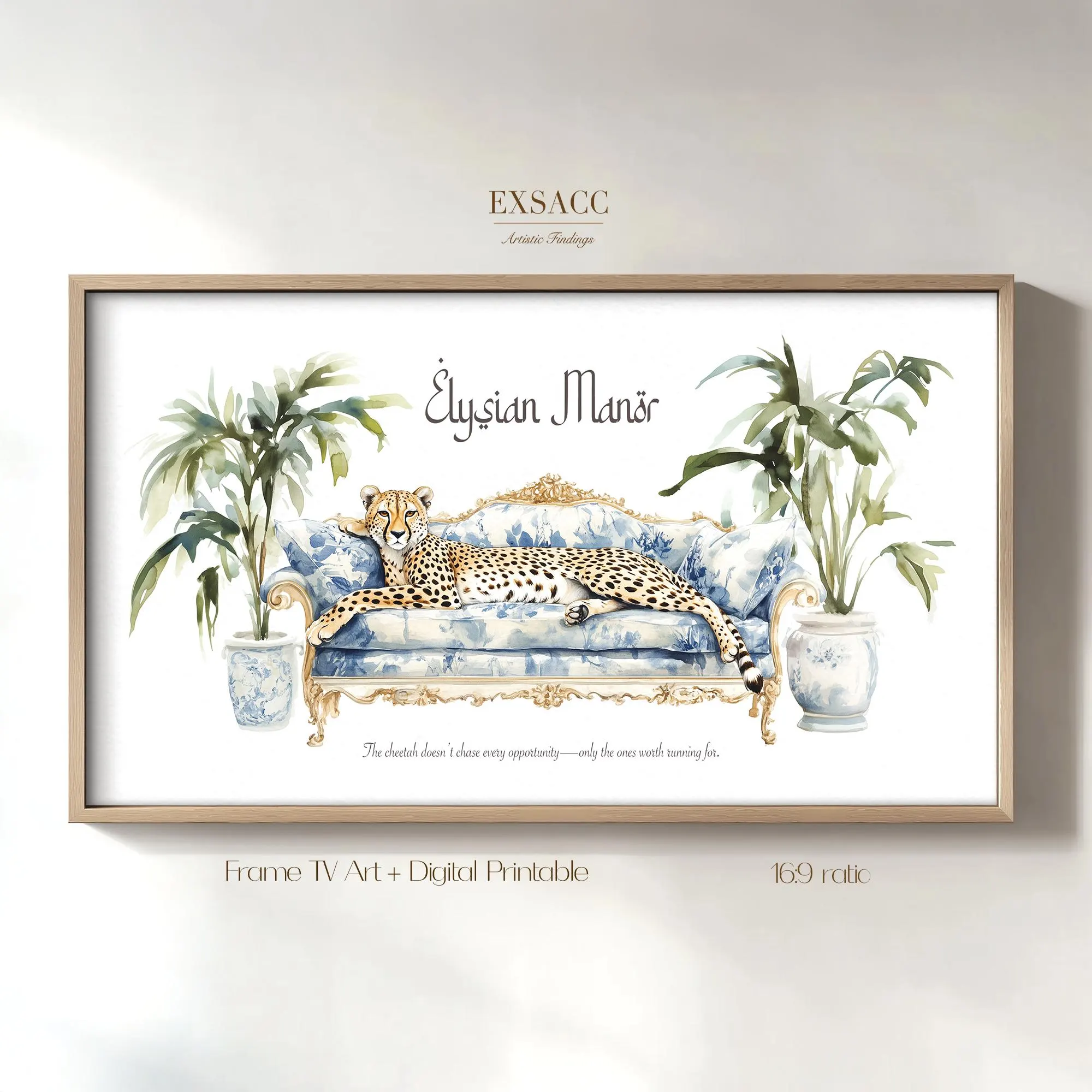 Cheetah Frame TV Art Chinoiserie, works as desktop wallpaper, includes printable version