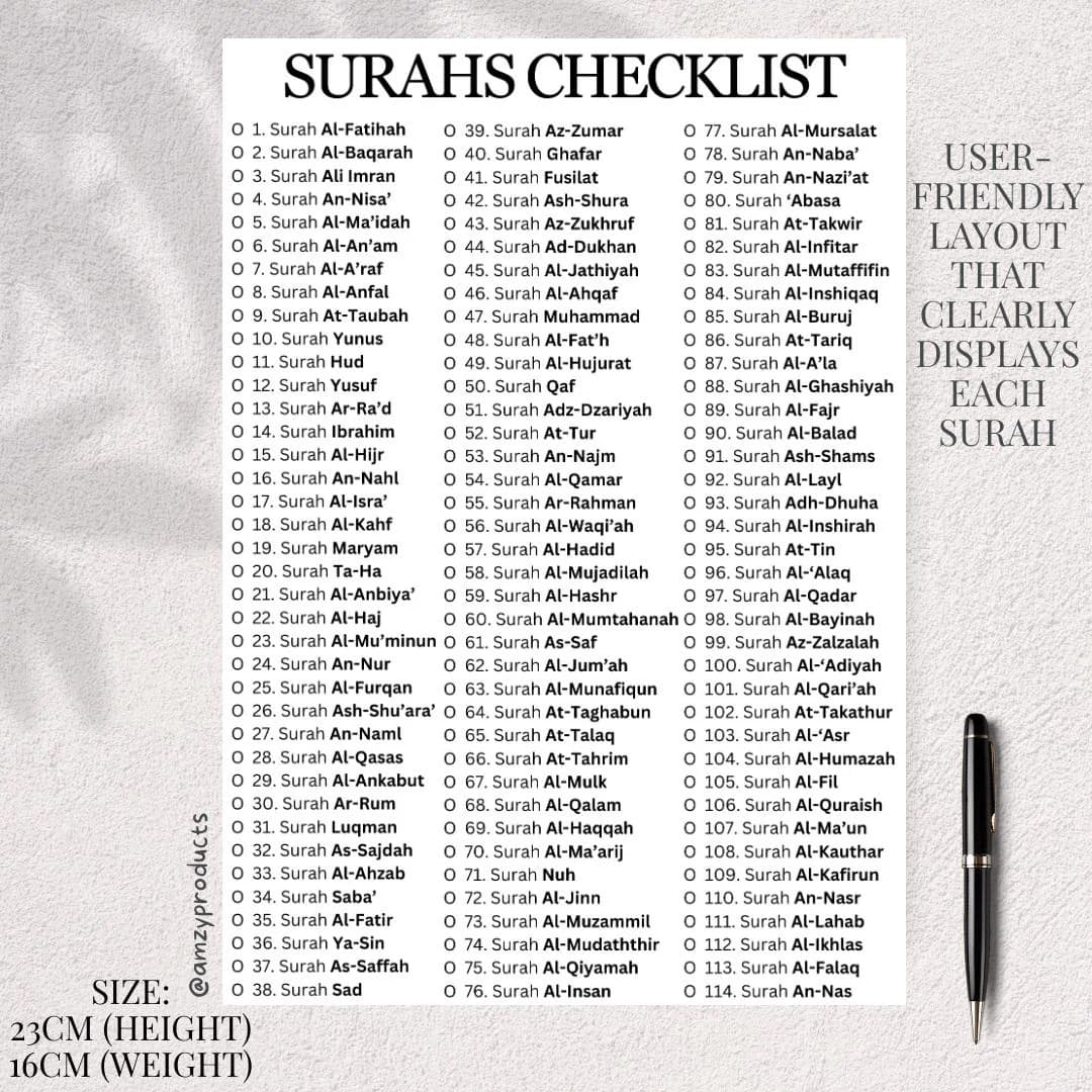 Quran Surah Checklist Progress Tracker for Reading Memorisation Islamic Planner Journal Muslim Productivity Chart Study Aid Kids Adult Hifdh - image 3