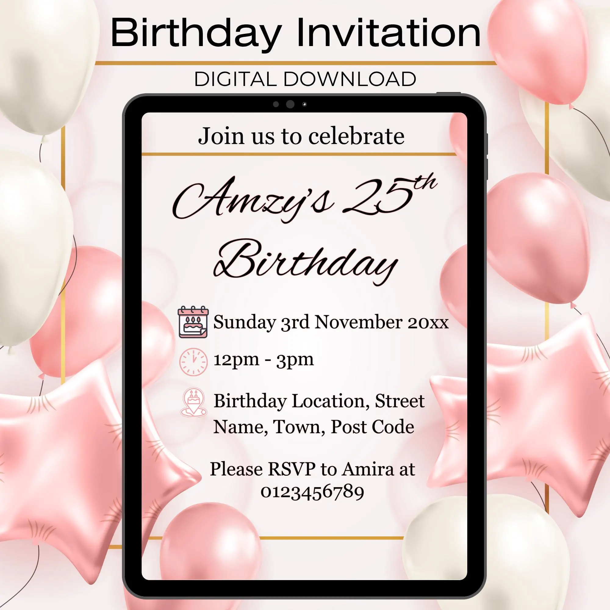 Birthday Invitation Digital Download Instant Printable Personalised Rainbow Invite for Kids Adults Boy Girl