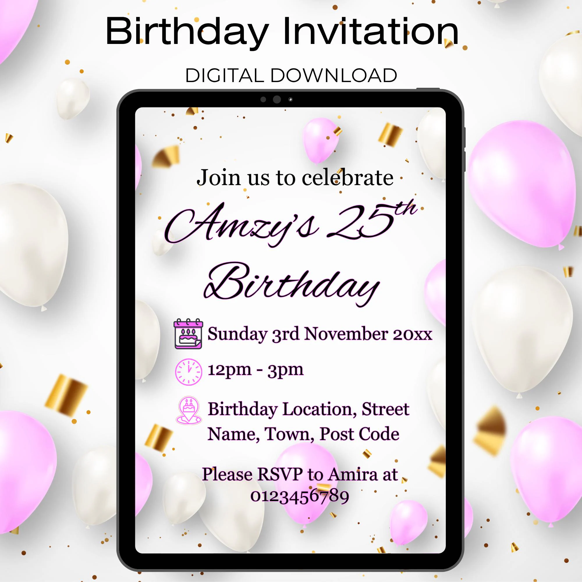 Birthday Invitation Digital Download Instant Printable Personalised Rainbow Invite for Kids Adults Boy Girl