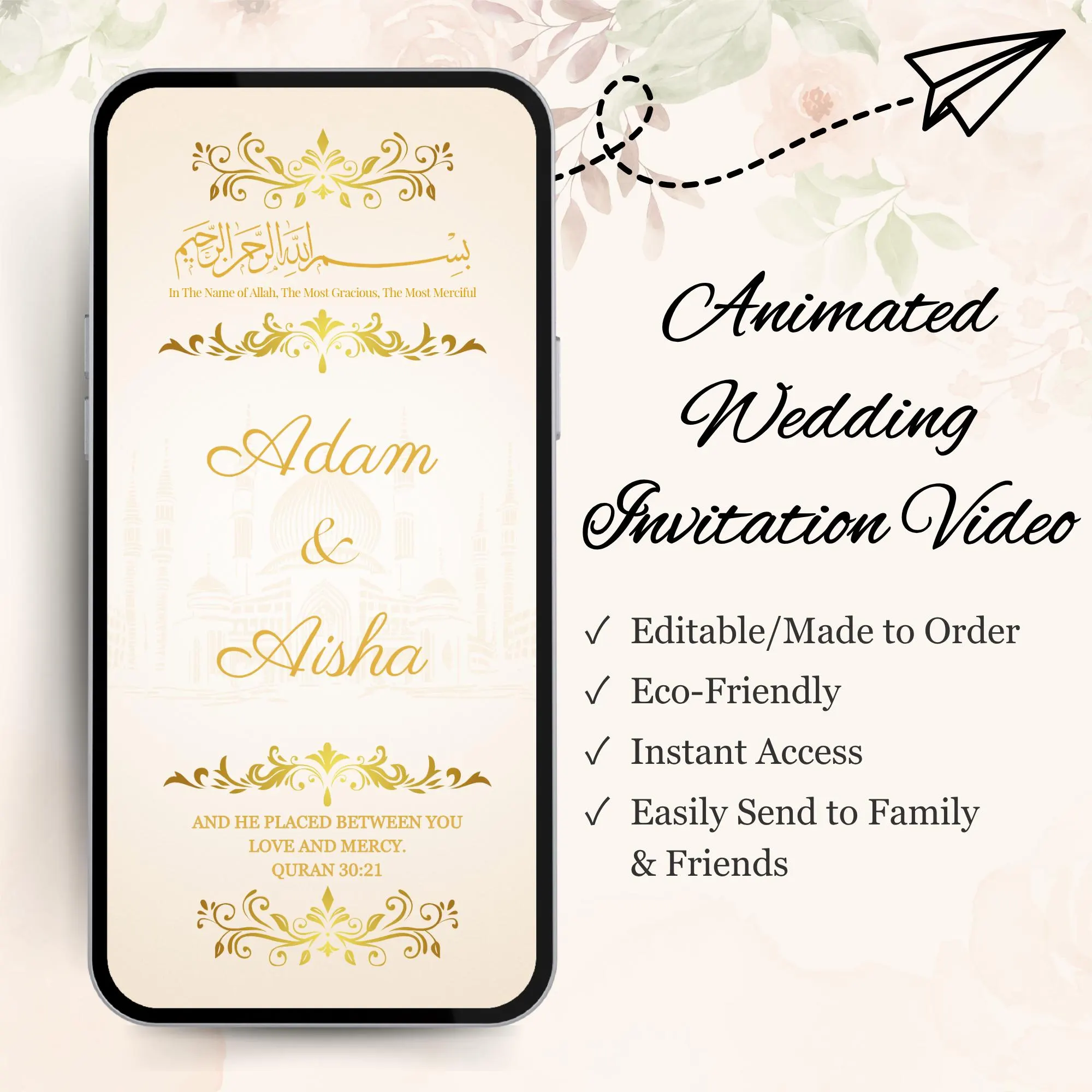 Animated Wedding Invitation Video Template Save the Date Mobile einvite Nikkah Ceremony Muslim Islamic English Floral Wedding
