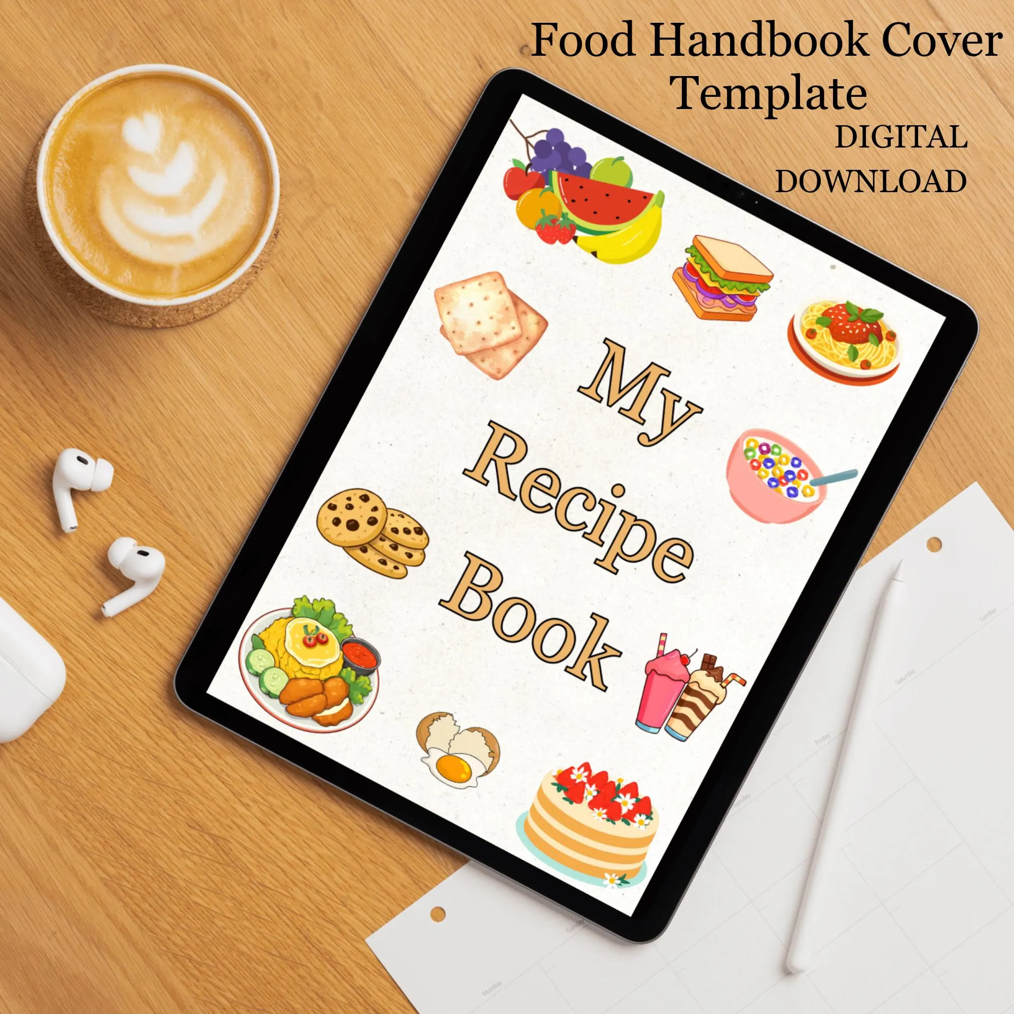Food Handbook Front Page Cover Recipe Book Binder Cover Template Digital Printable Editable Cookbook Journal Kitchen Meal Planner Title Page