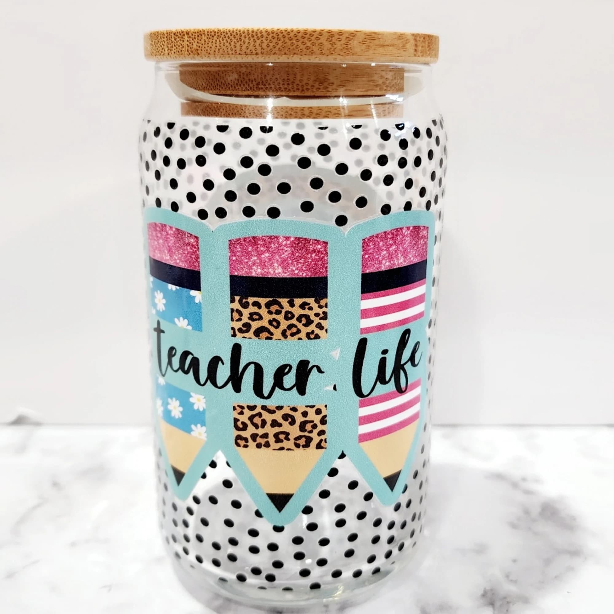 Teacher Appreciation Glass Cup: Rainbow Design, Bamboo Lid & Straw - image 3