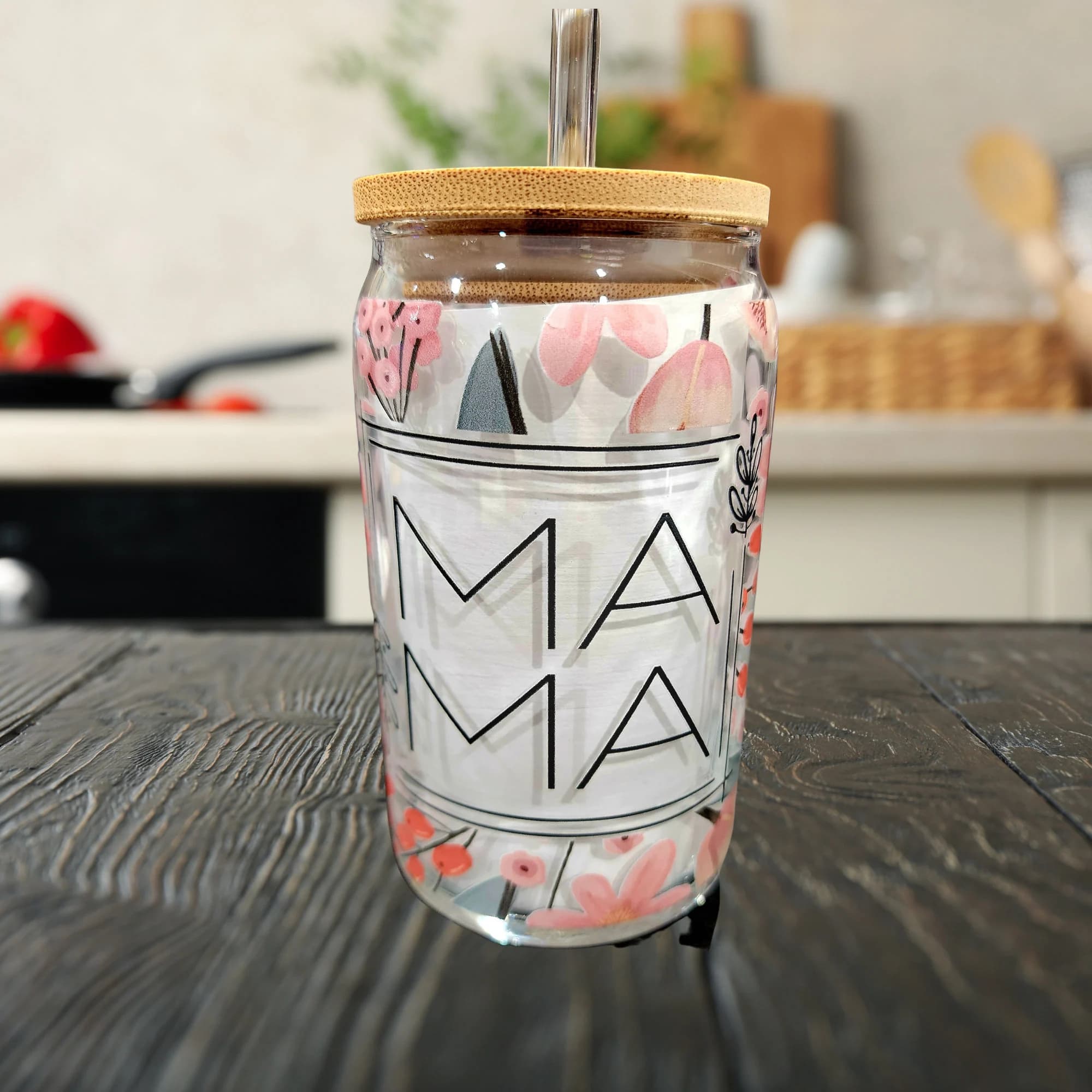 Mama Glass Can Tumbler: Floral Design, Bamboo Lid & Glass Straw - image 4