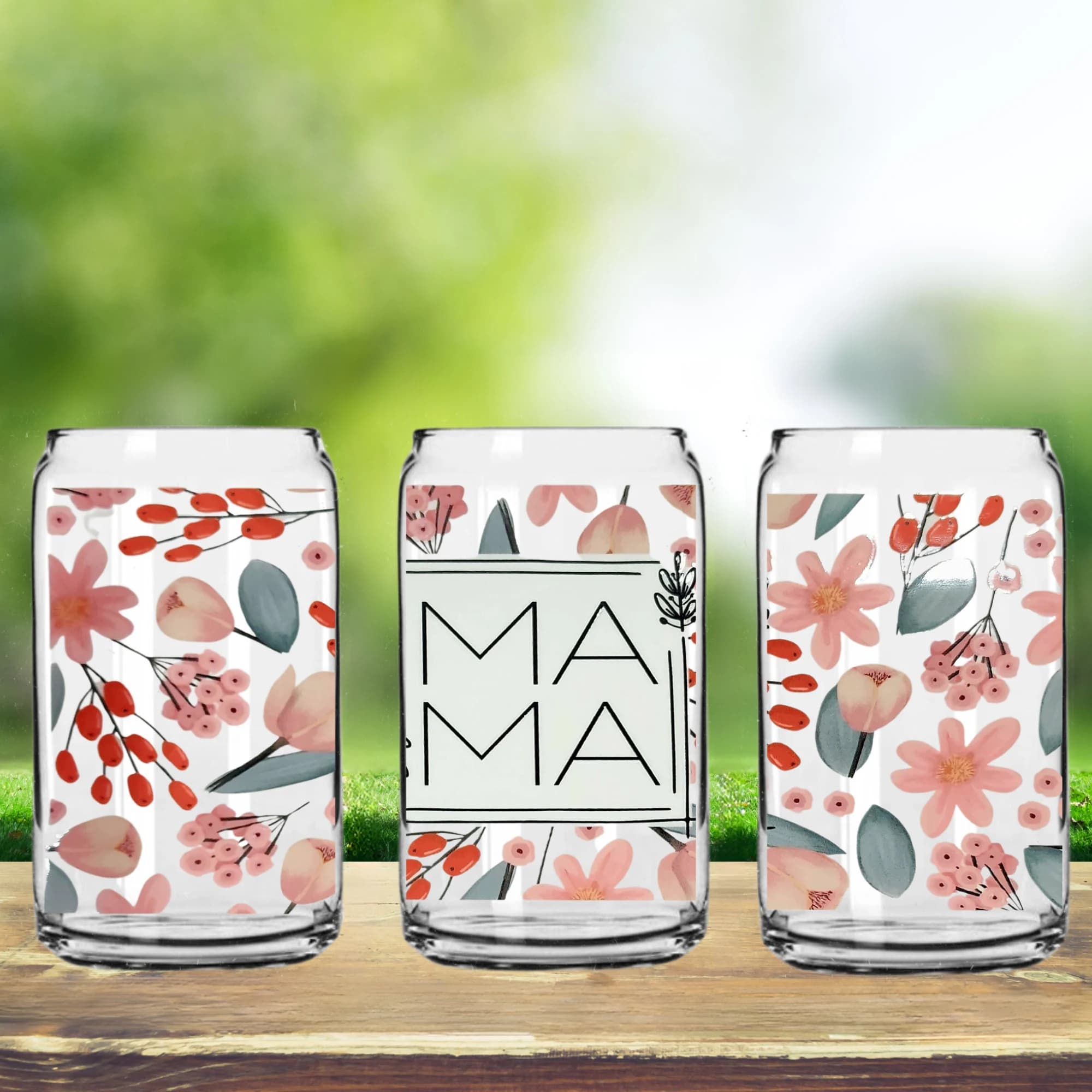 Mama Glass Can Tumbler: Floral Design, Bamboo Lid & Glass Straw - image 2