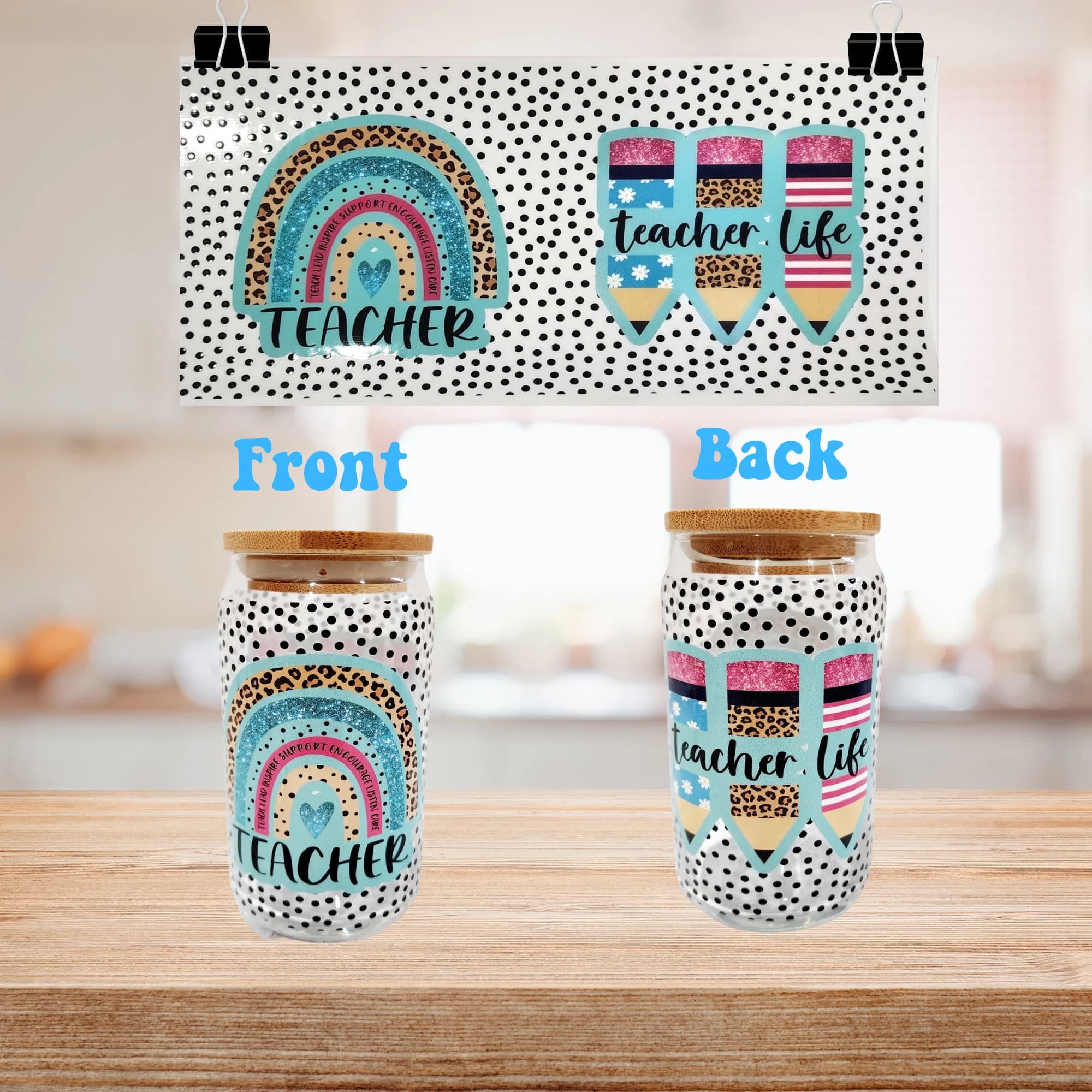 Teacher Appreciation Glass Cup: Rainbow Design, Bamboo Lid & Straw - image 2