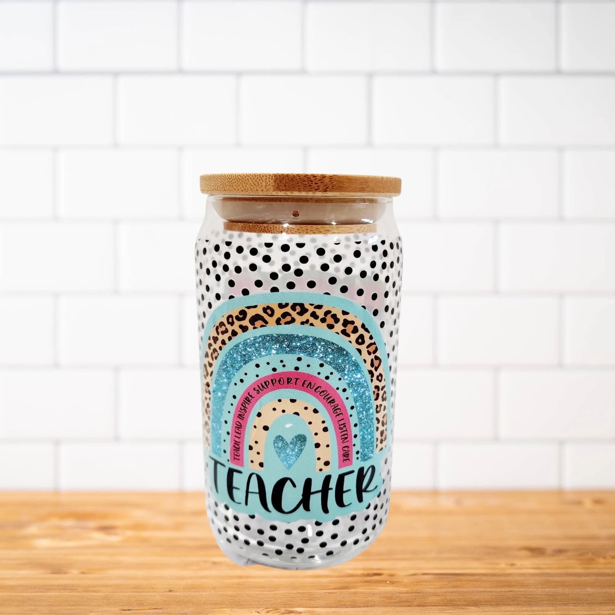 Teacher Appreciation Glass Cup: Rainbow Design, Bamboo Lid & Straw