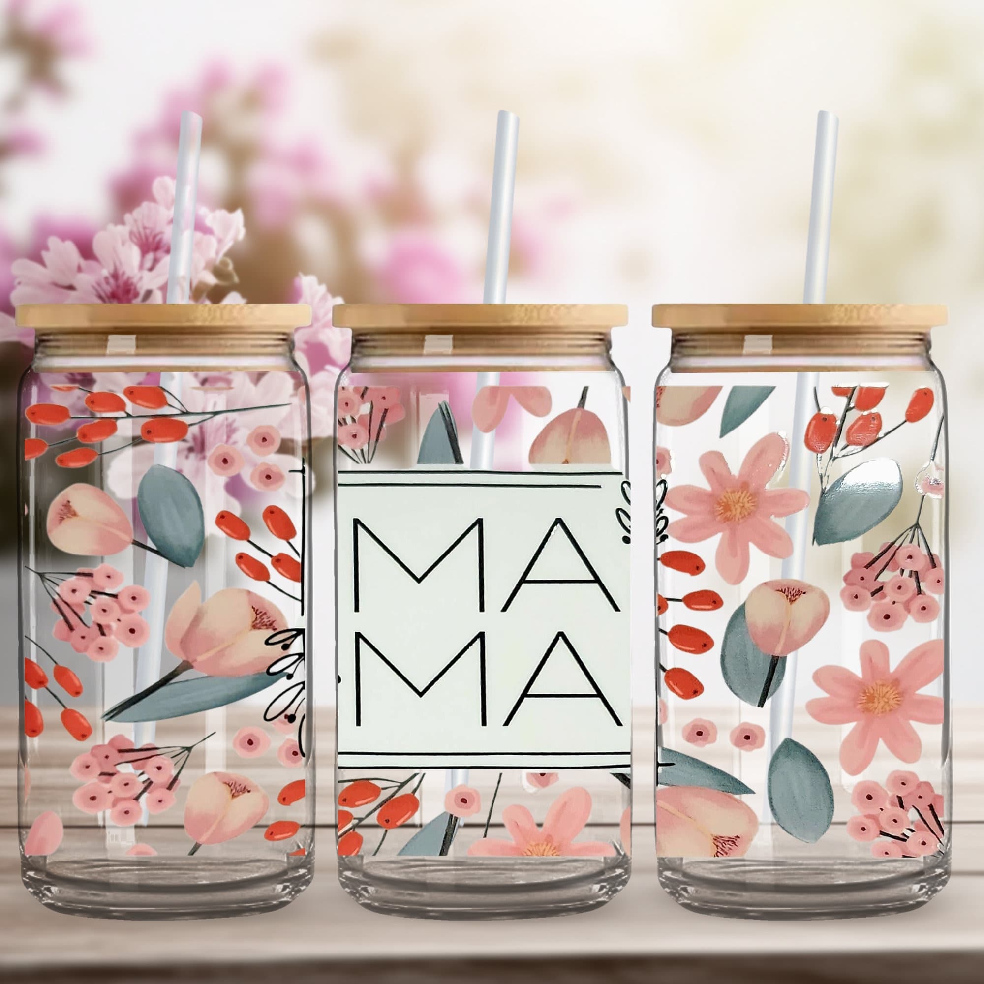 Mama Glass Can Tumbler: Floral Design, Bamboo Lid & Glass Straw